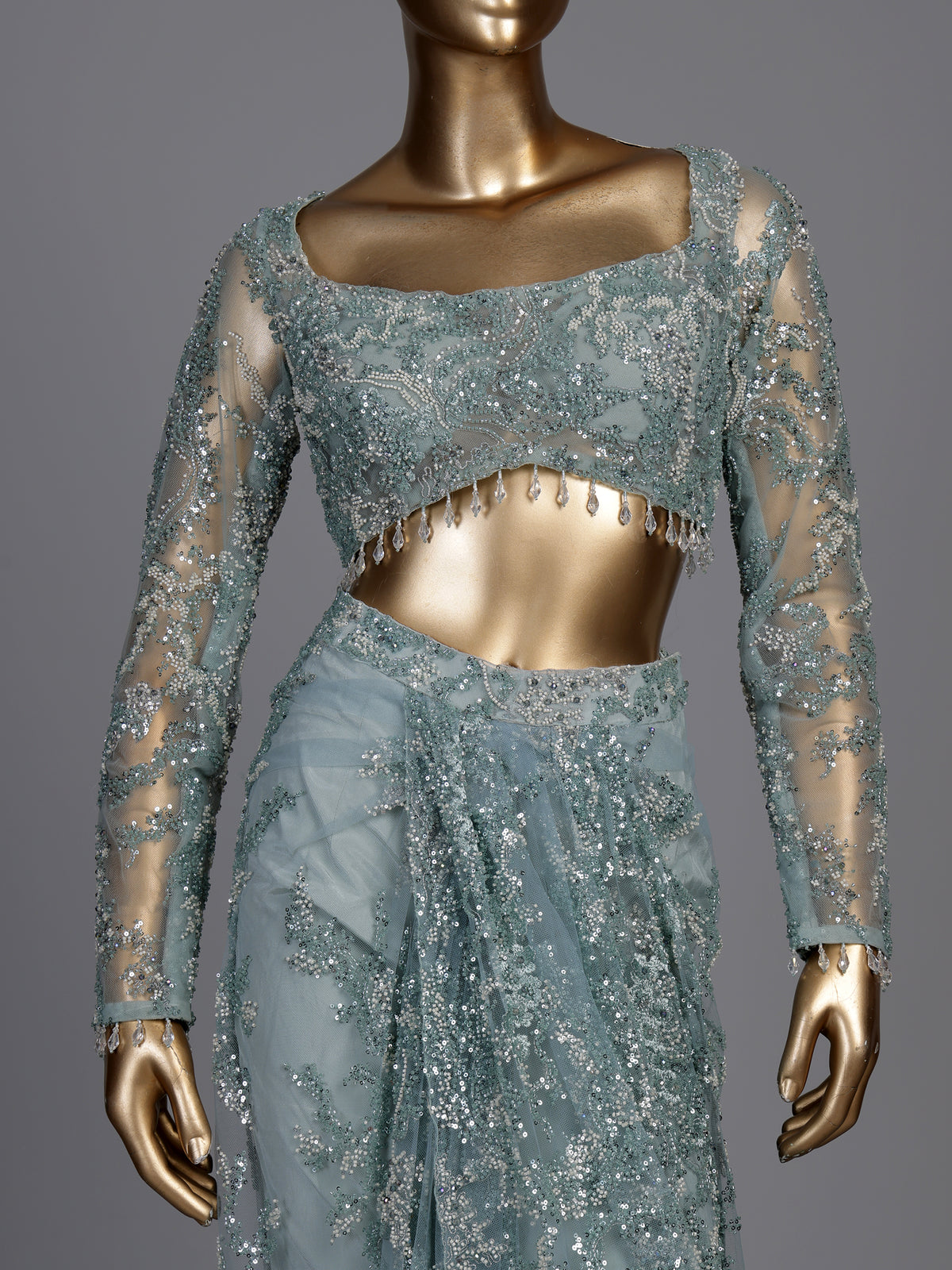Elegant mint blue ready-to-wear saree with sequinned detailing