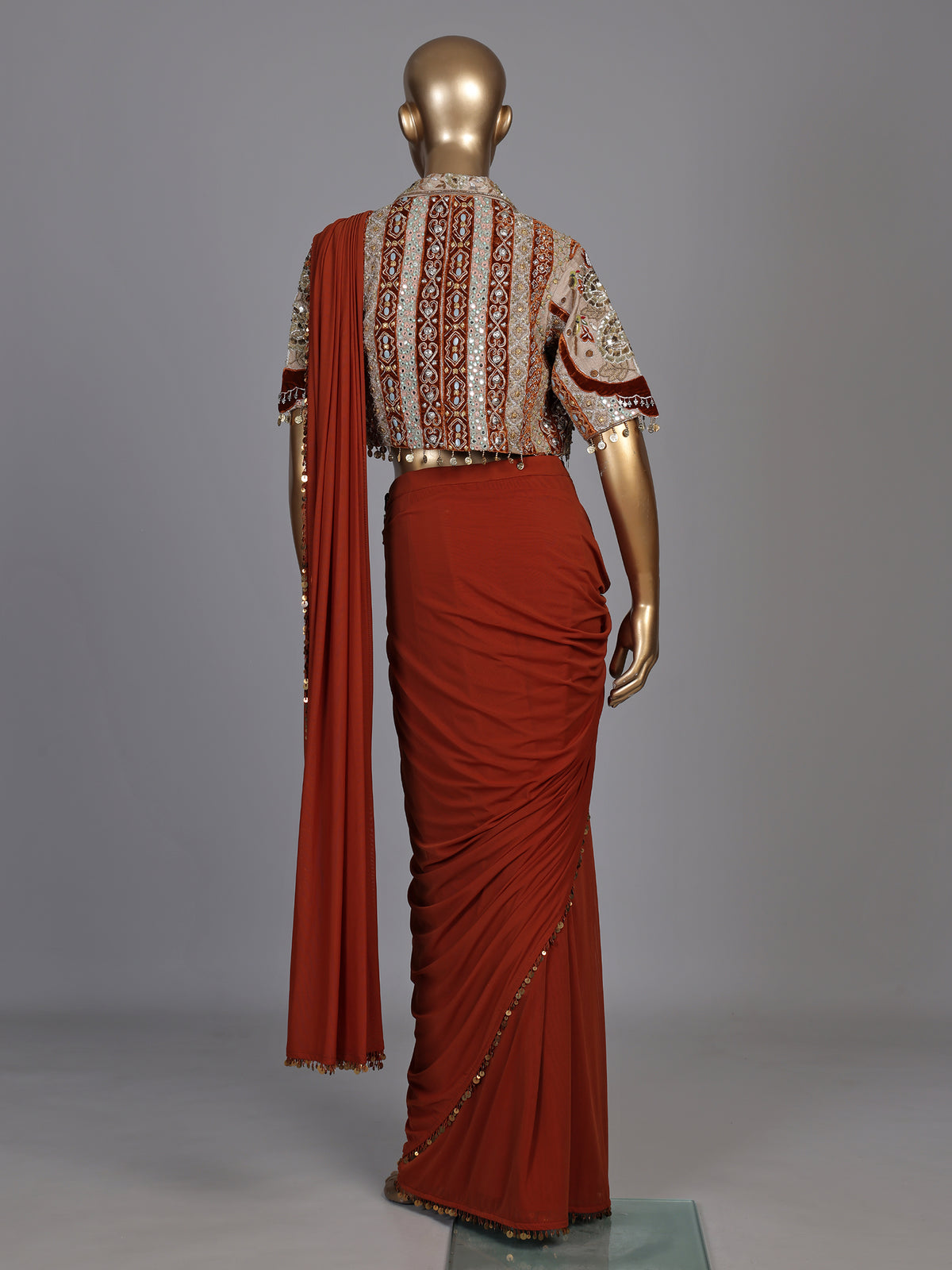 Regal deep orange ready-to-wear saree with embellished jacket blouse