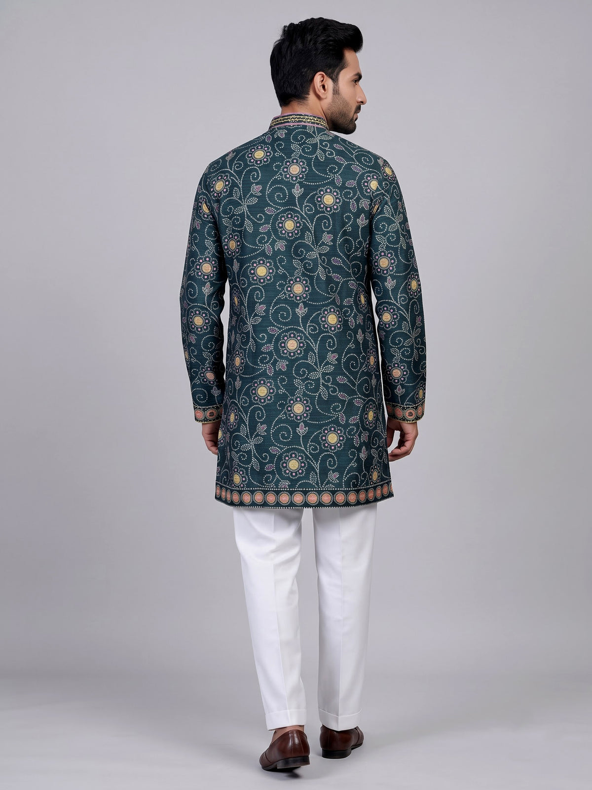 Bottle green bandhani silk kurta suit with multicolour thread work