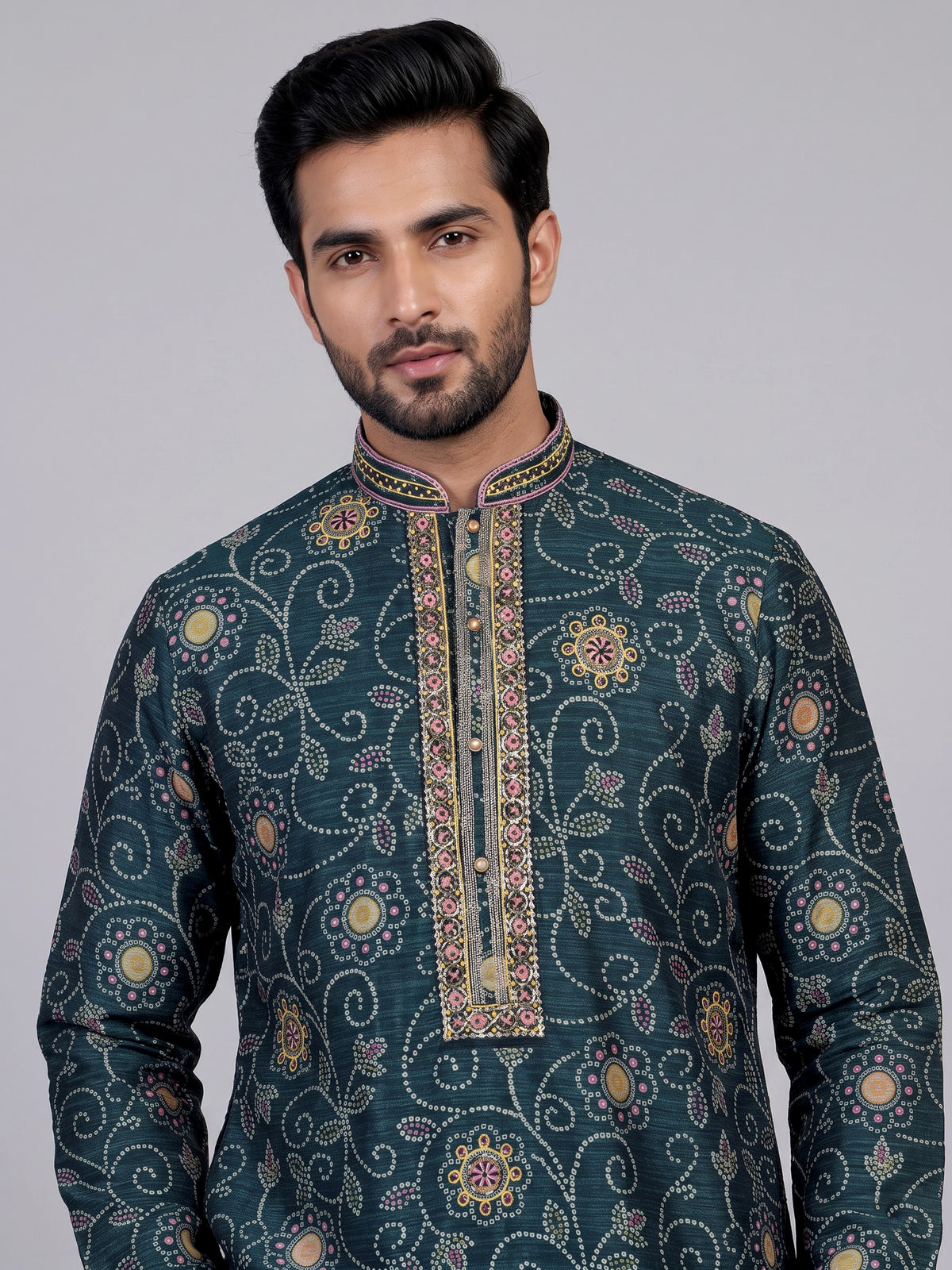 Bottle green bandhani silk kurta suit with multicolour thread work