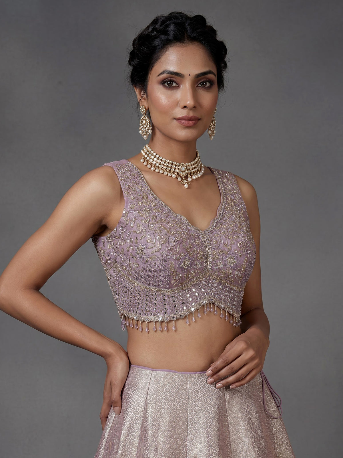 Lavender purple banarasi silk lehenga choli with zari embellishments