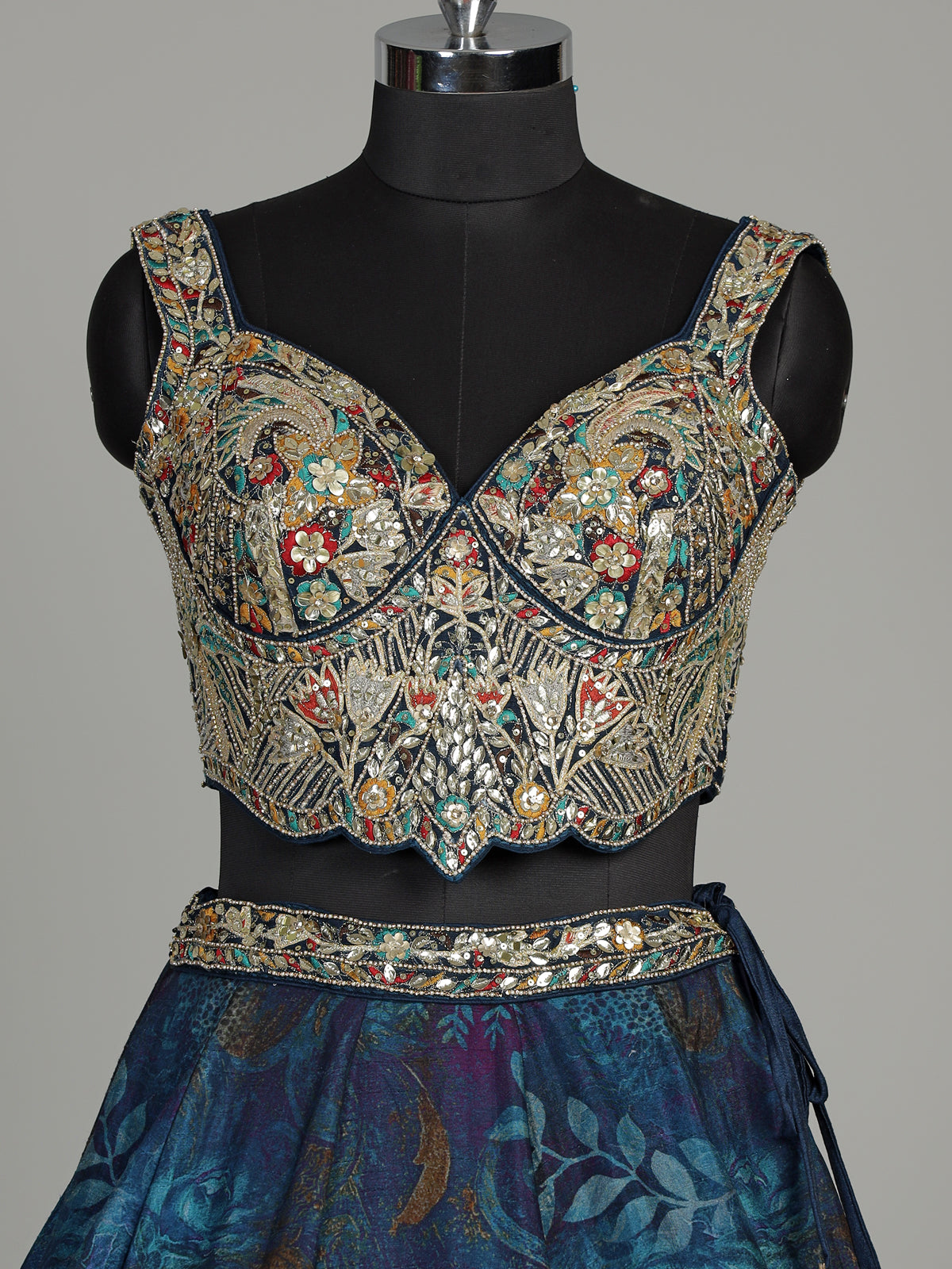 Blue silk floral lehenga choli with gota resham embellishments