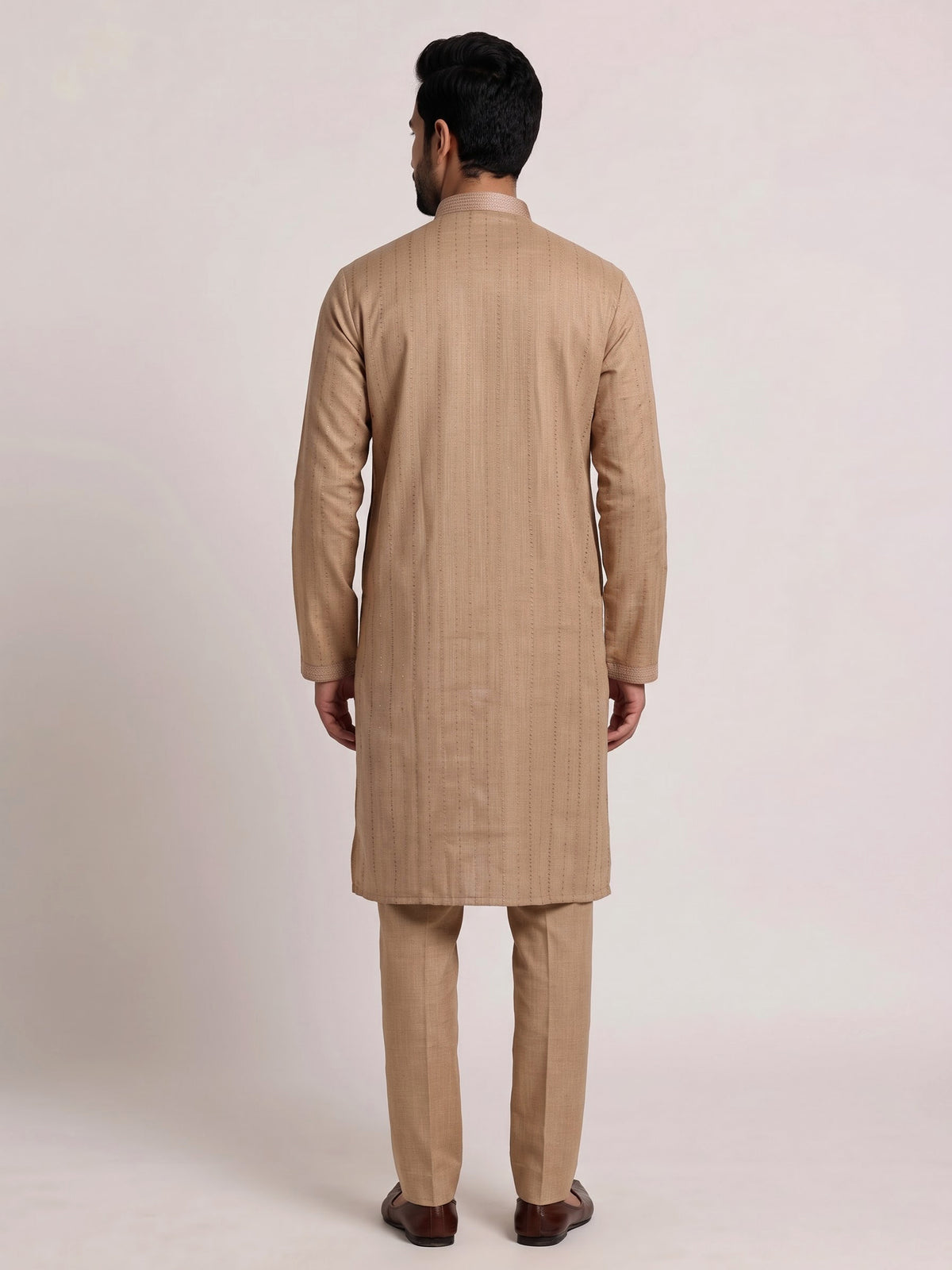 Beige linen kurta suit set with subtle thread detailing