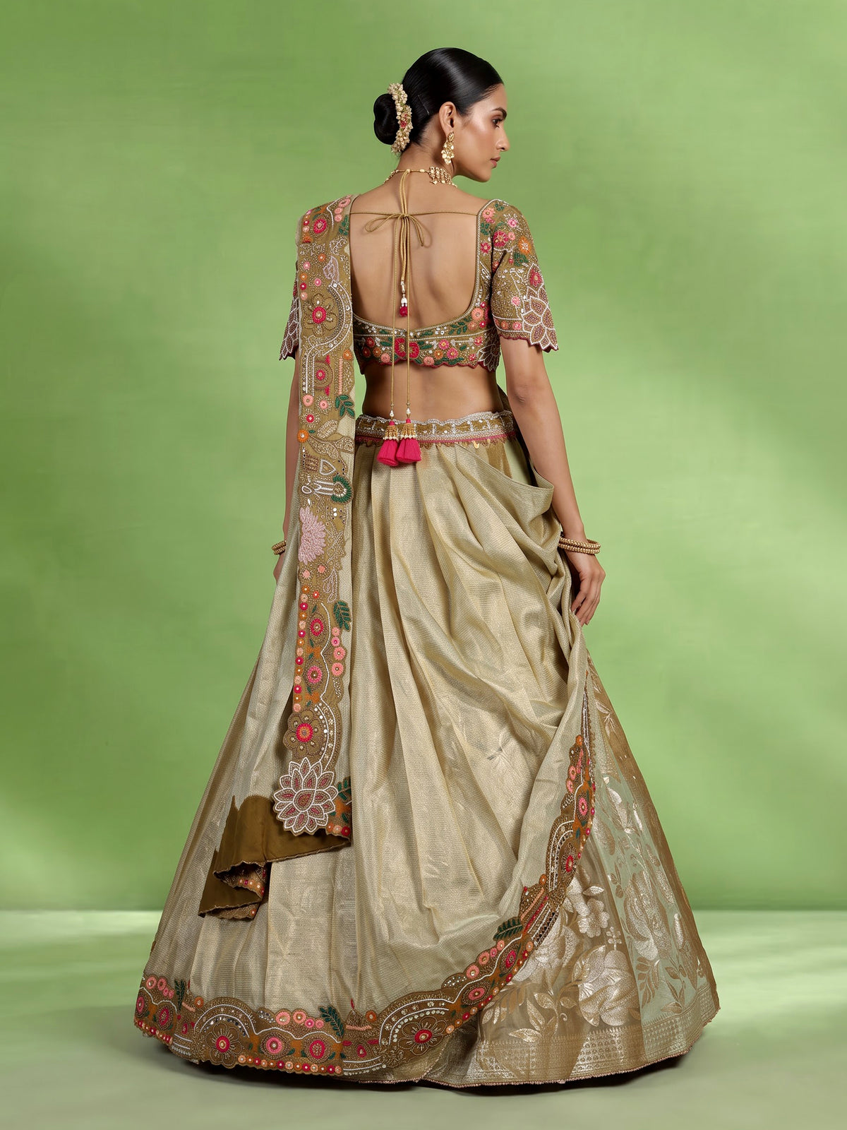 Olive lurex brocade silk lehenga choli with attached dupatta