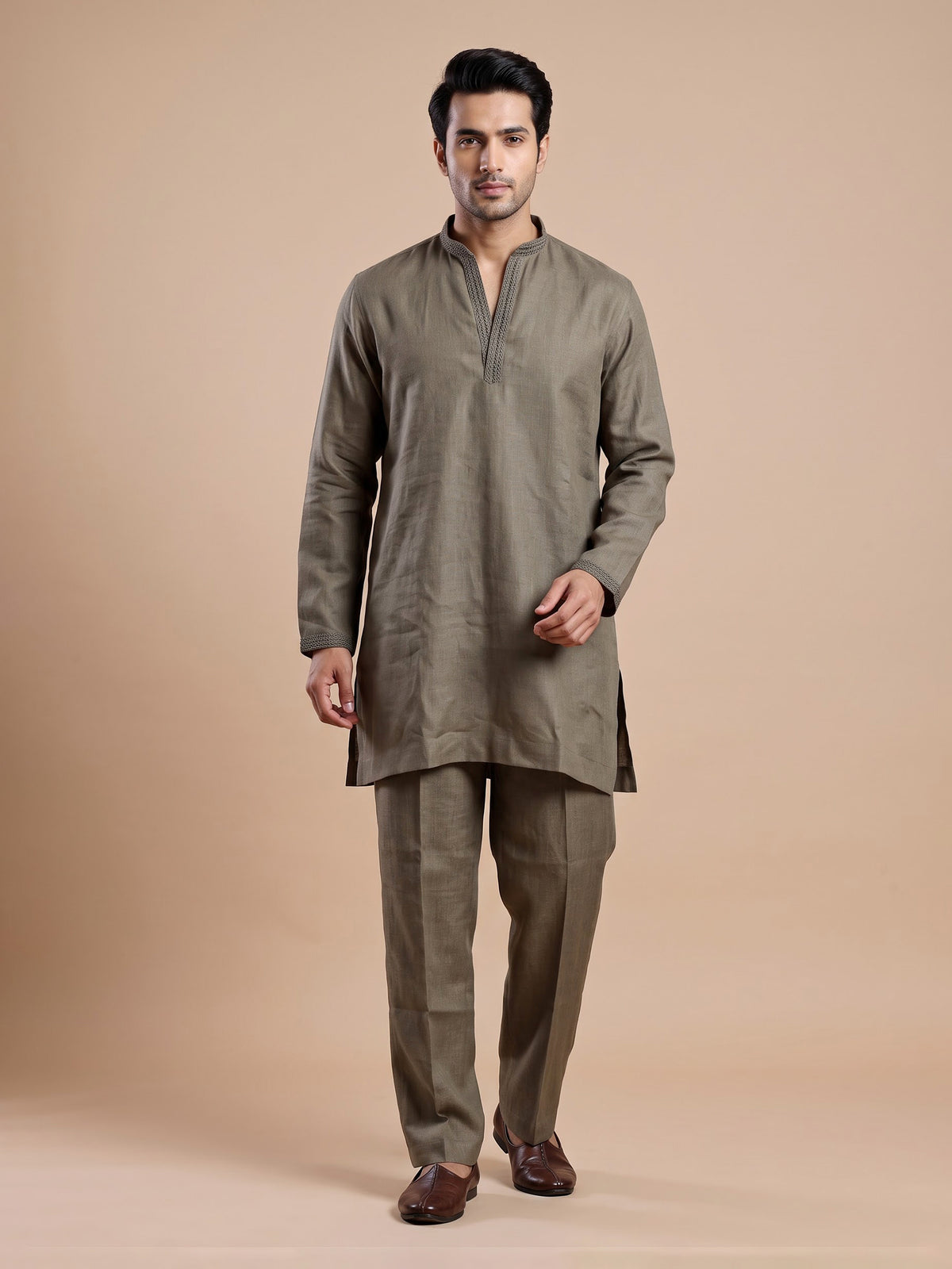 Olive green linen short kurta suit with minimalist styling