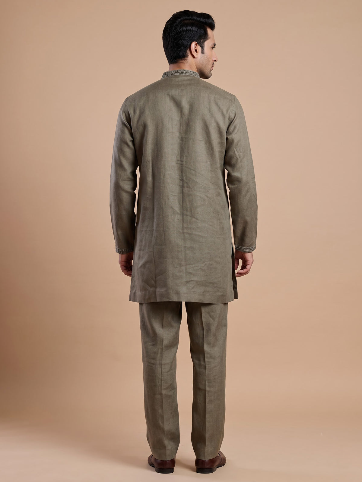 Olive green linen short kurta suit with minimalist styling