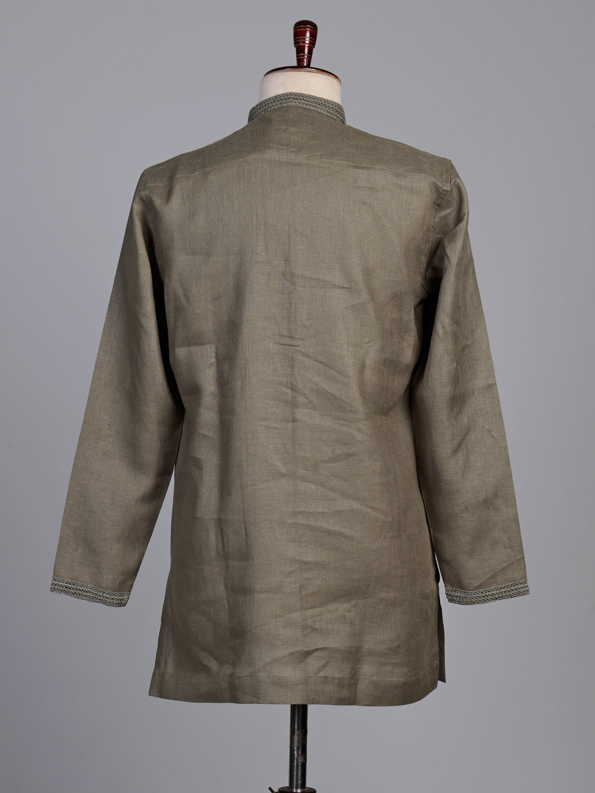 Olive green linen short kurta suit with minimalist styling