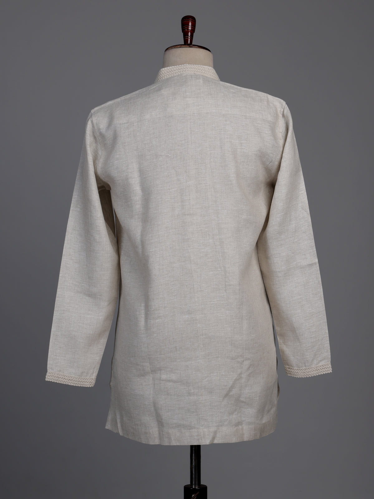 Natural beige linen kurta suit with tonal thread work accents