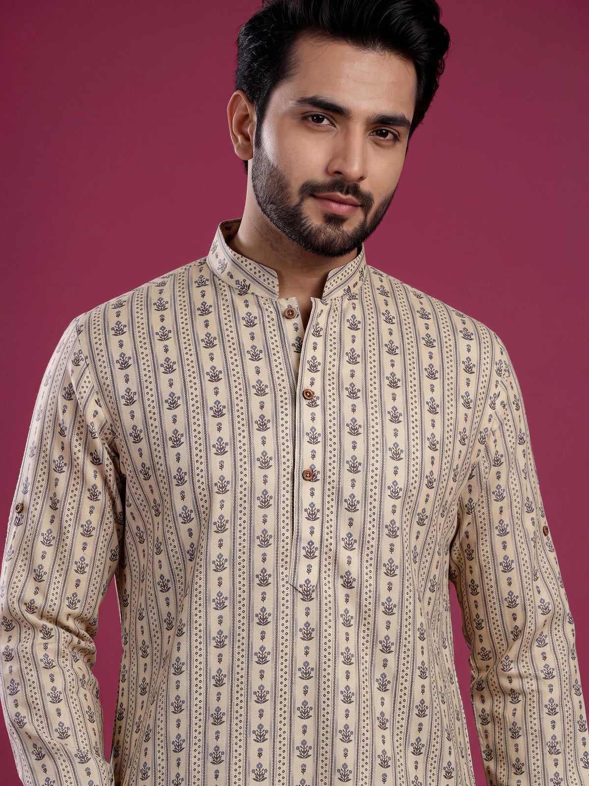 Cream cotton kurta suit with charcoal floral geometric print