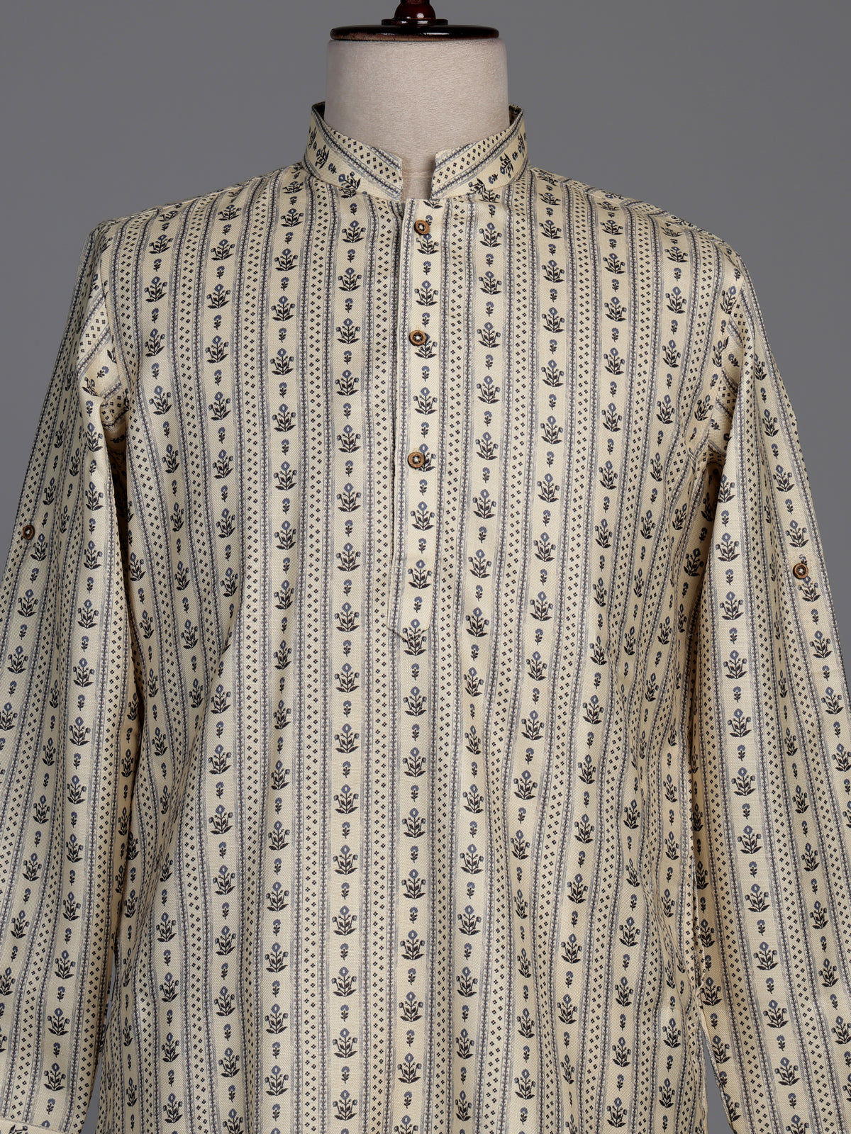 Cream cotton kurta suit with charcoal floral geometric print