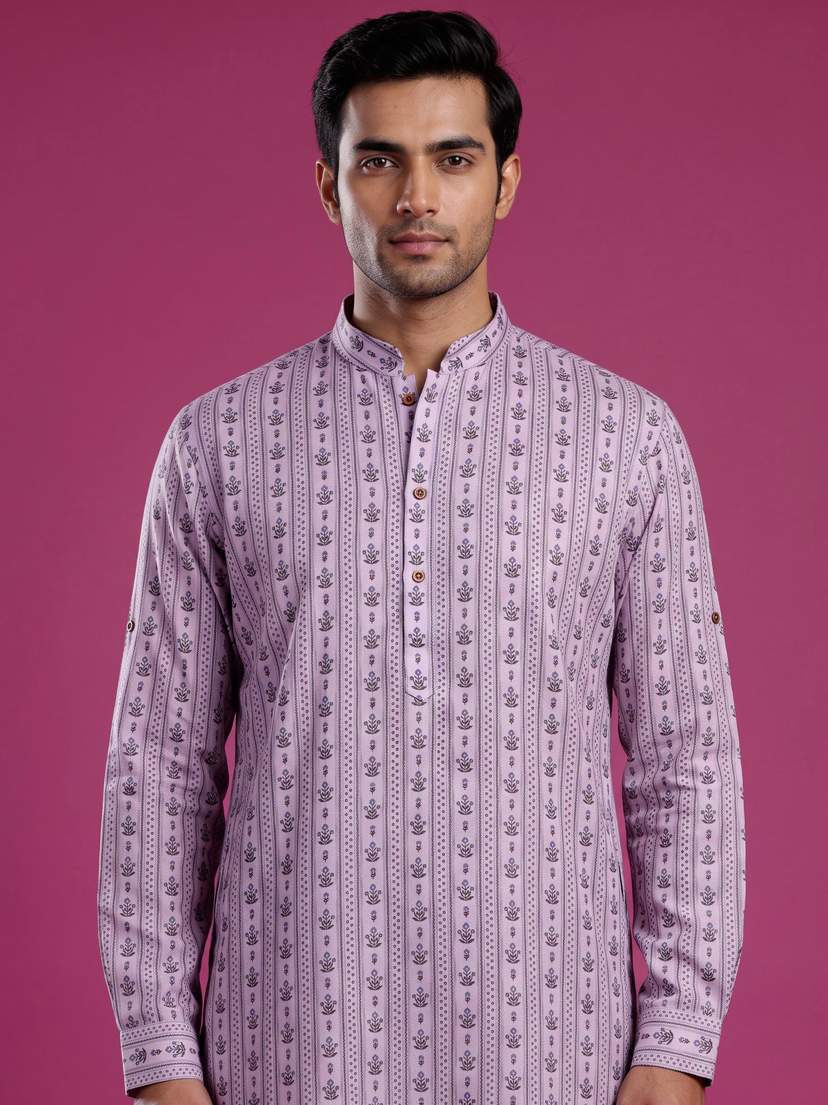 Soft lilac cotton kurta suit with printed vertical stripes