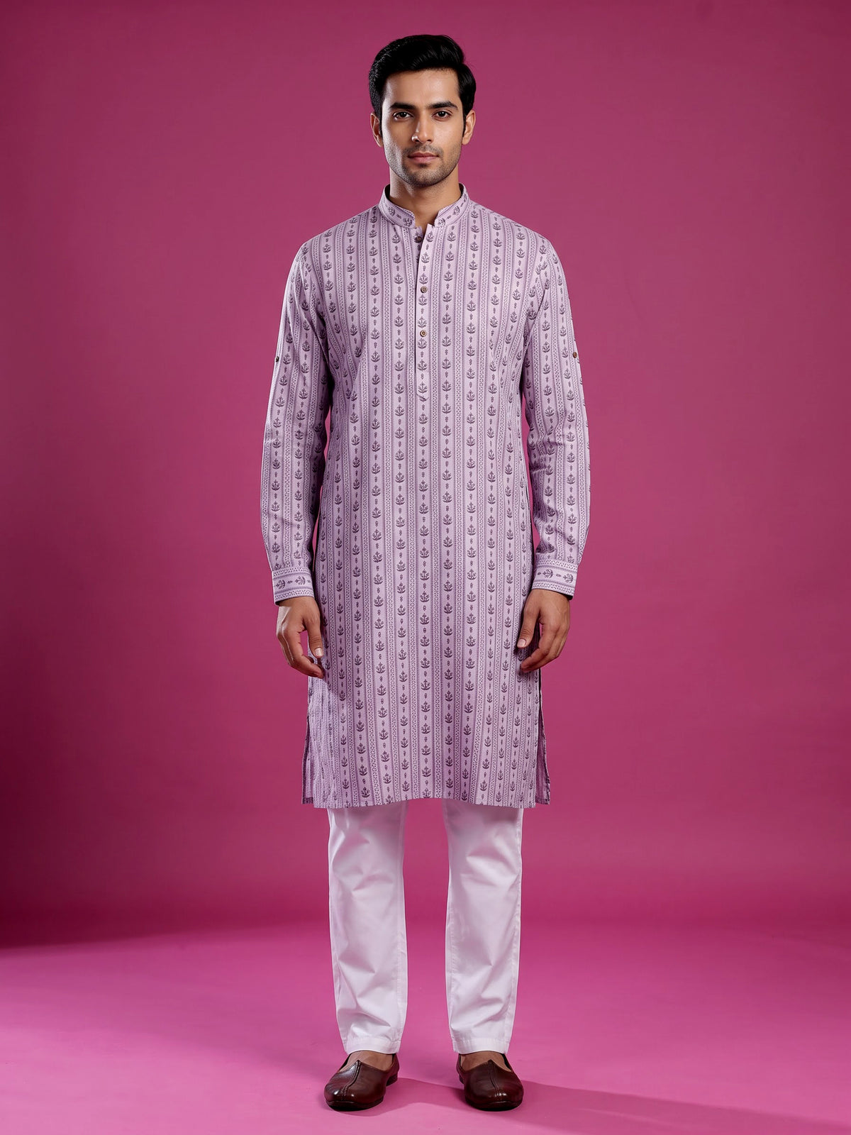 Soft lilac cotton kurta suit with printed vertical stripes