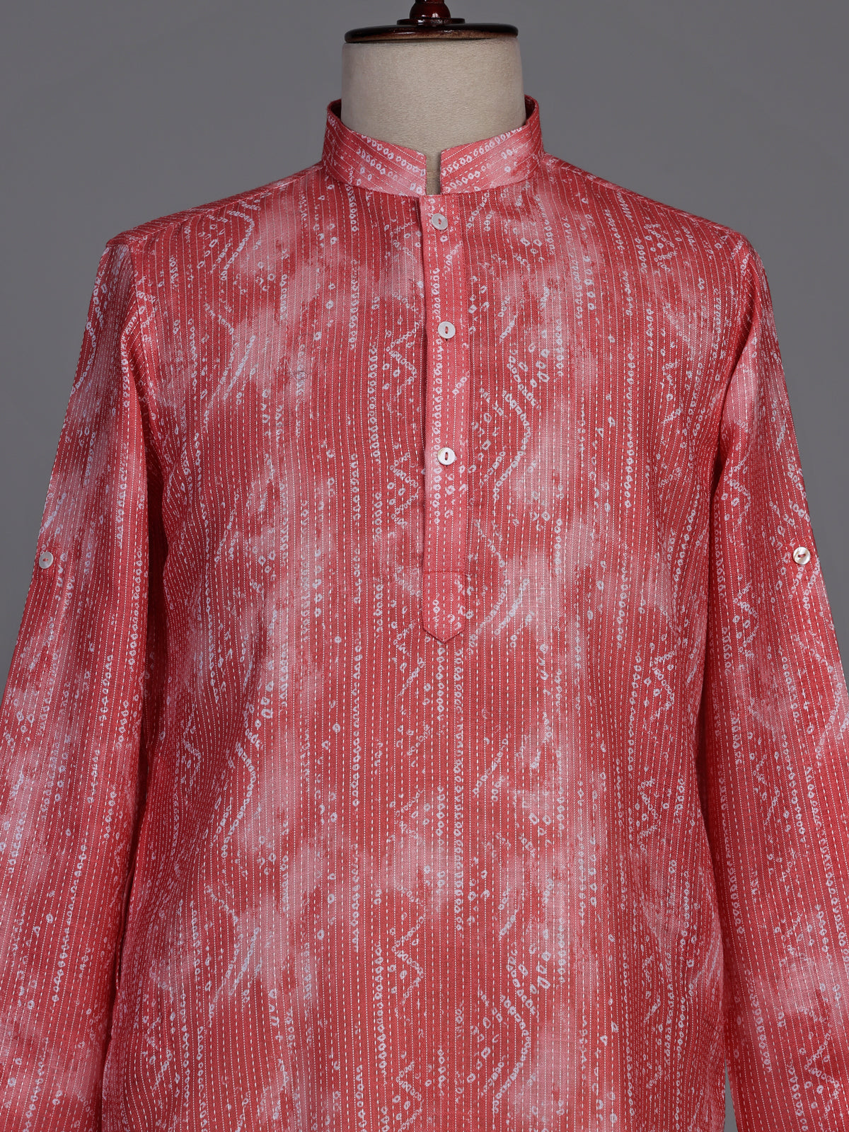 Coral red cotton kurta suit with kantha inspired stitch print