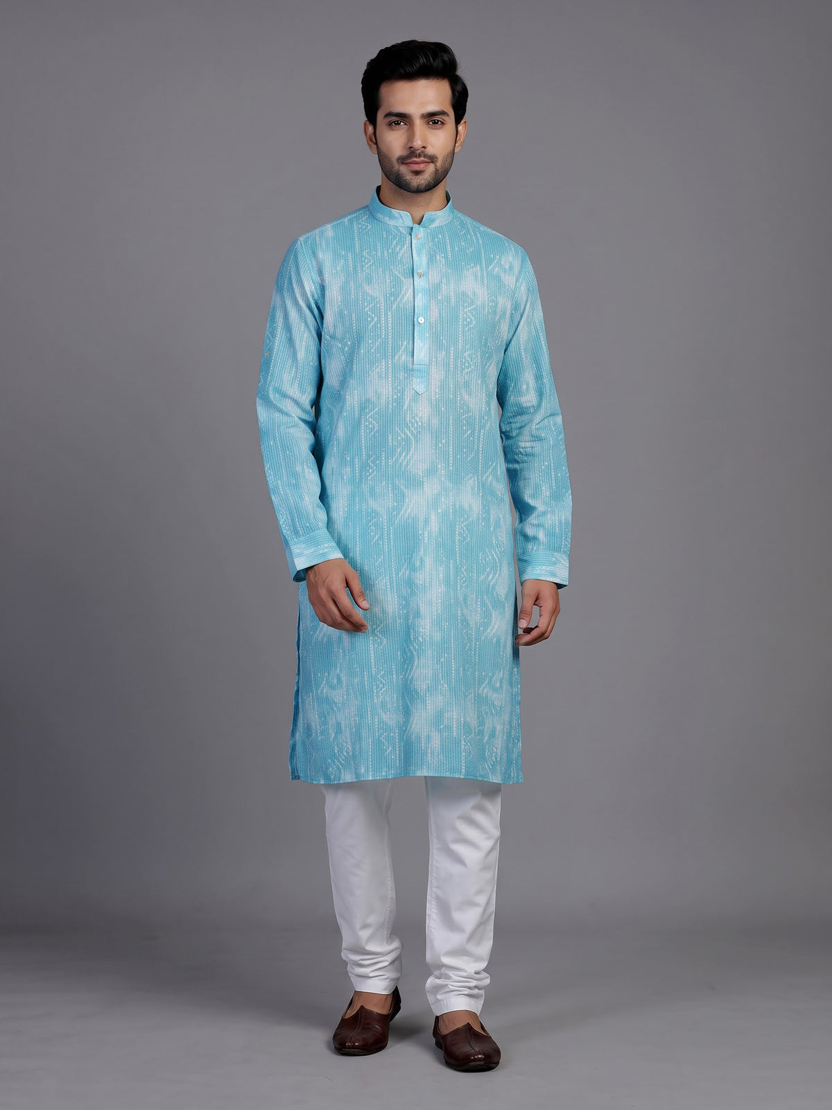 Turquoise blue cotton kurta suit with white kantha effect print