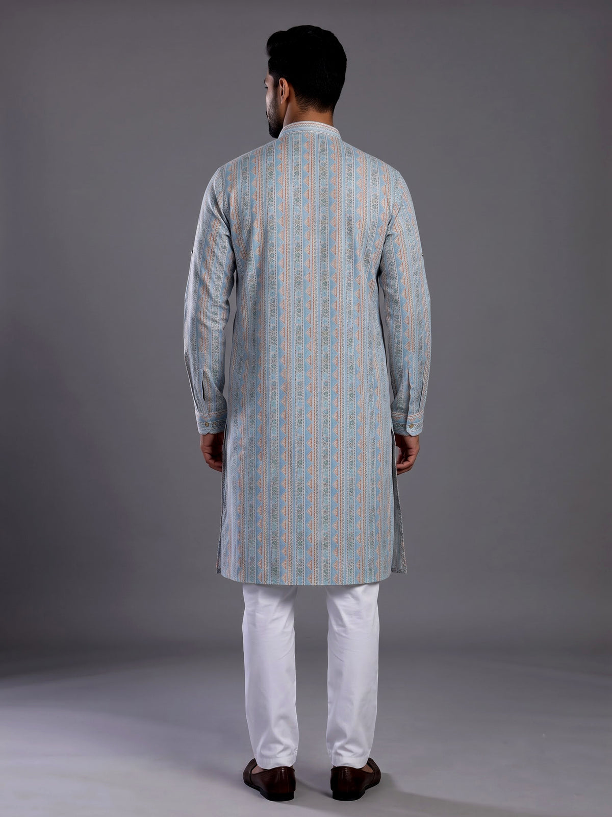Sky blue cotton kurta suit with geometric floral stripe print