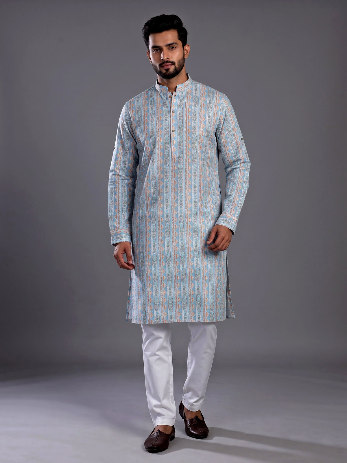 Sky blue cotton kurta suit with geometric floral stripe print