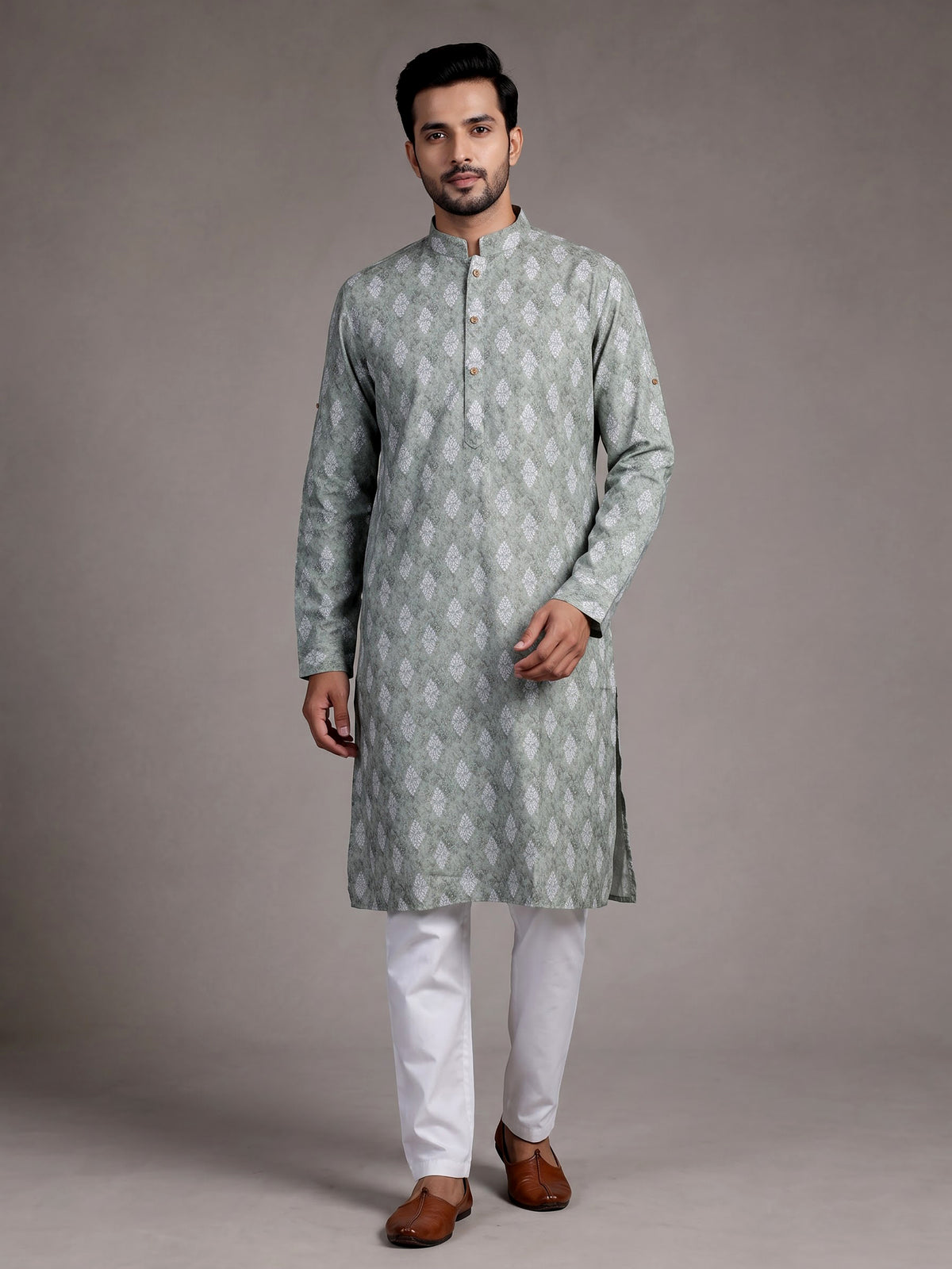 Sage green cotton kurta suit with ethnic print