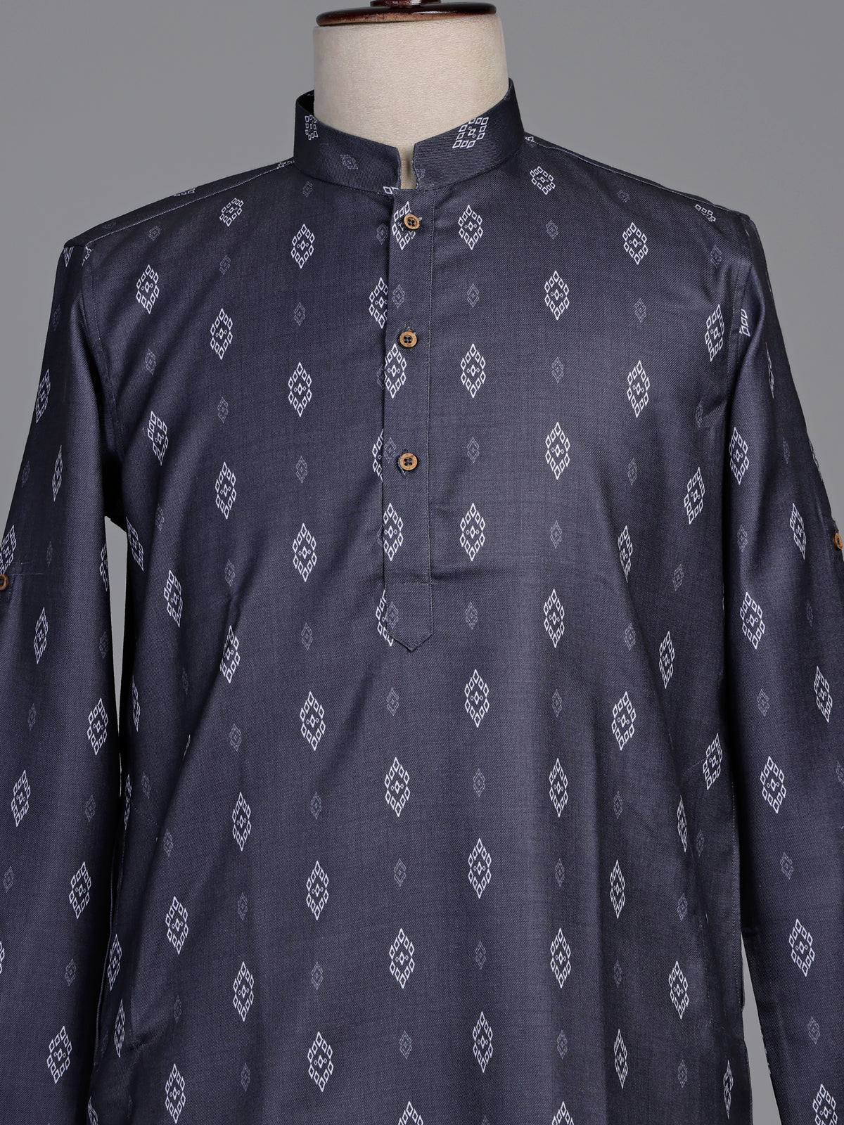 Charcoal grey cotton kurta suit with white ikat print