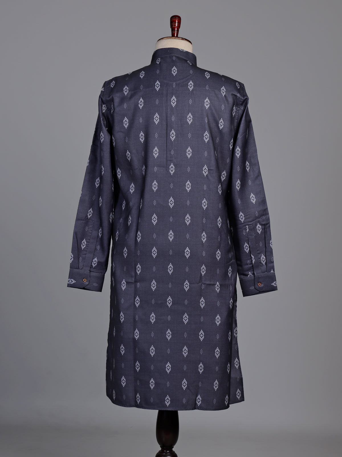 Charcoal grey cotton kurta suit with white ikat print