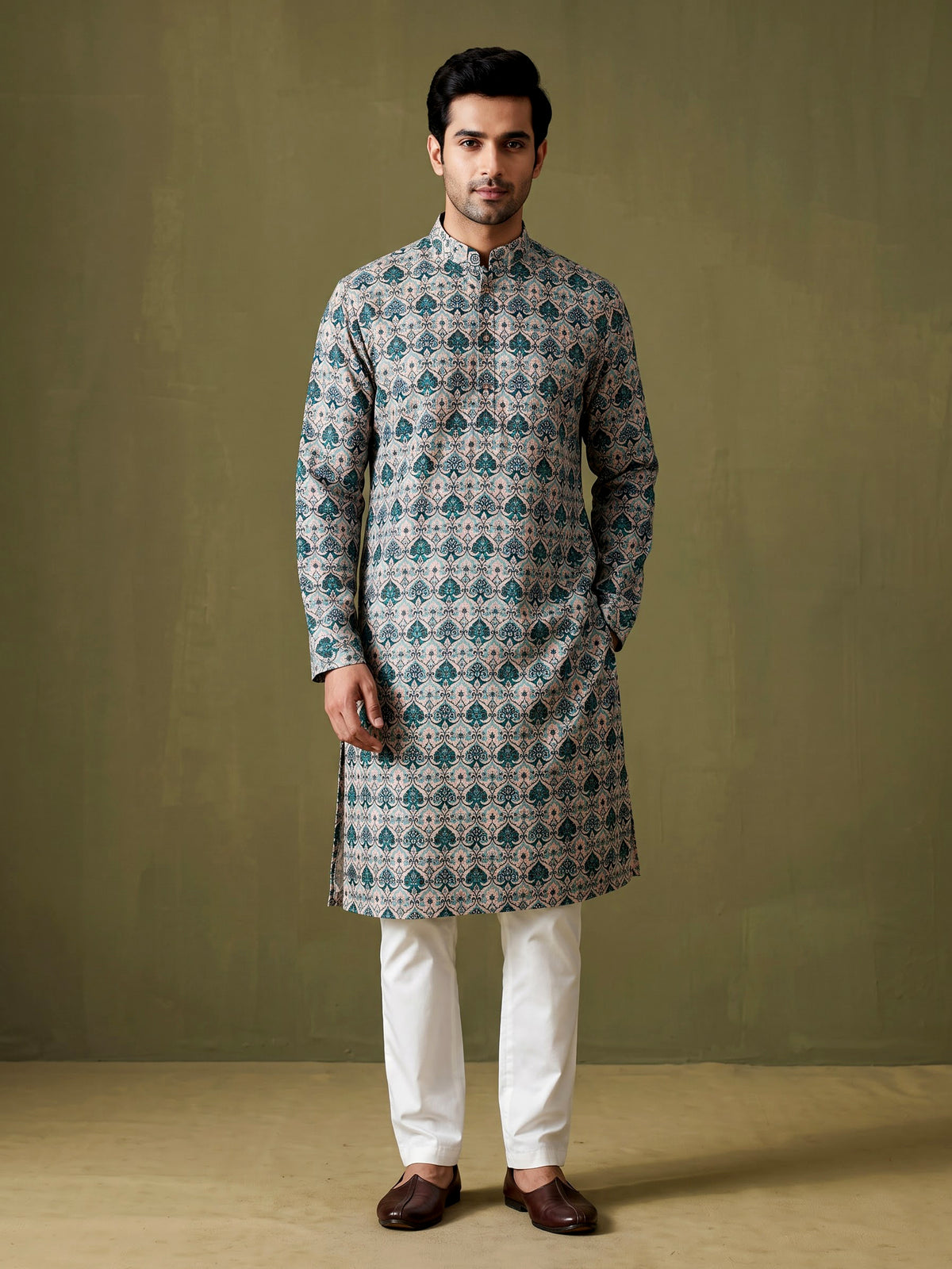 Cream kurta suit with multicolour persian architectural mosaic print