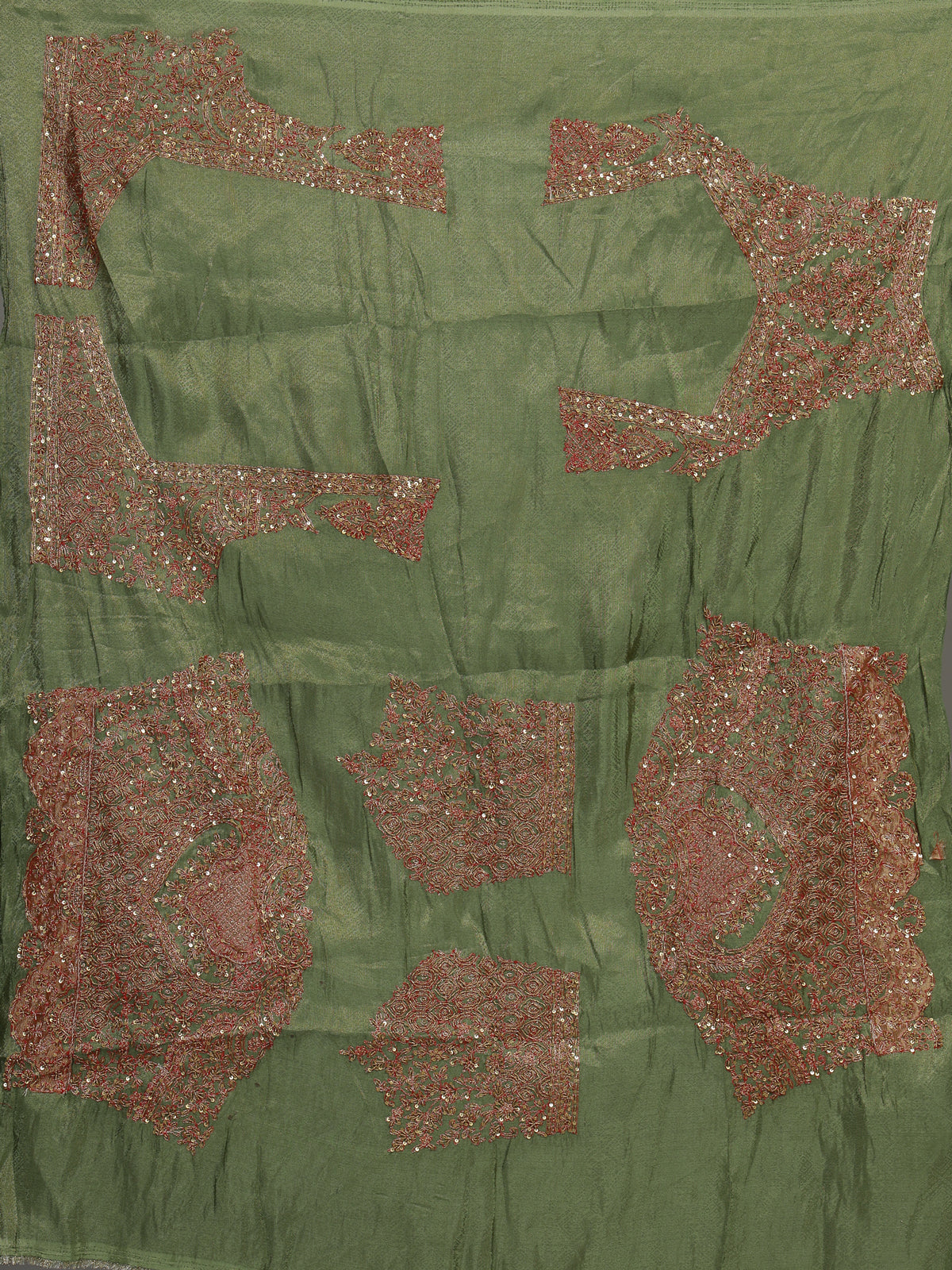 Green crinkled silk unstitched lehenga choli with zardosi work