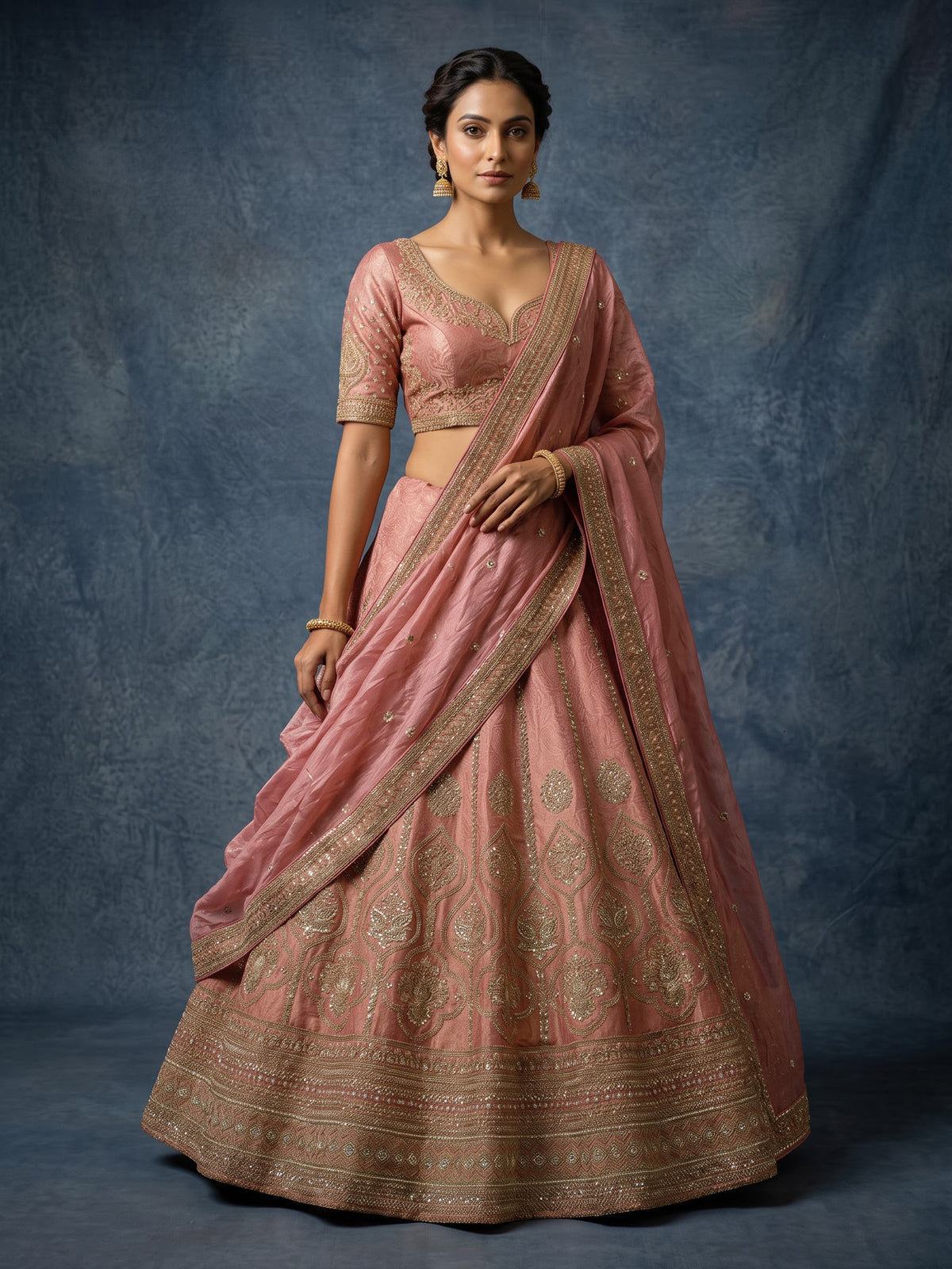 Pastel pink silk unstitched lehenga choli with resham embellishments