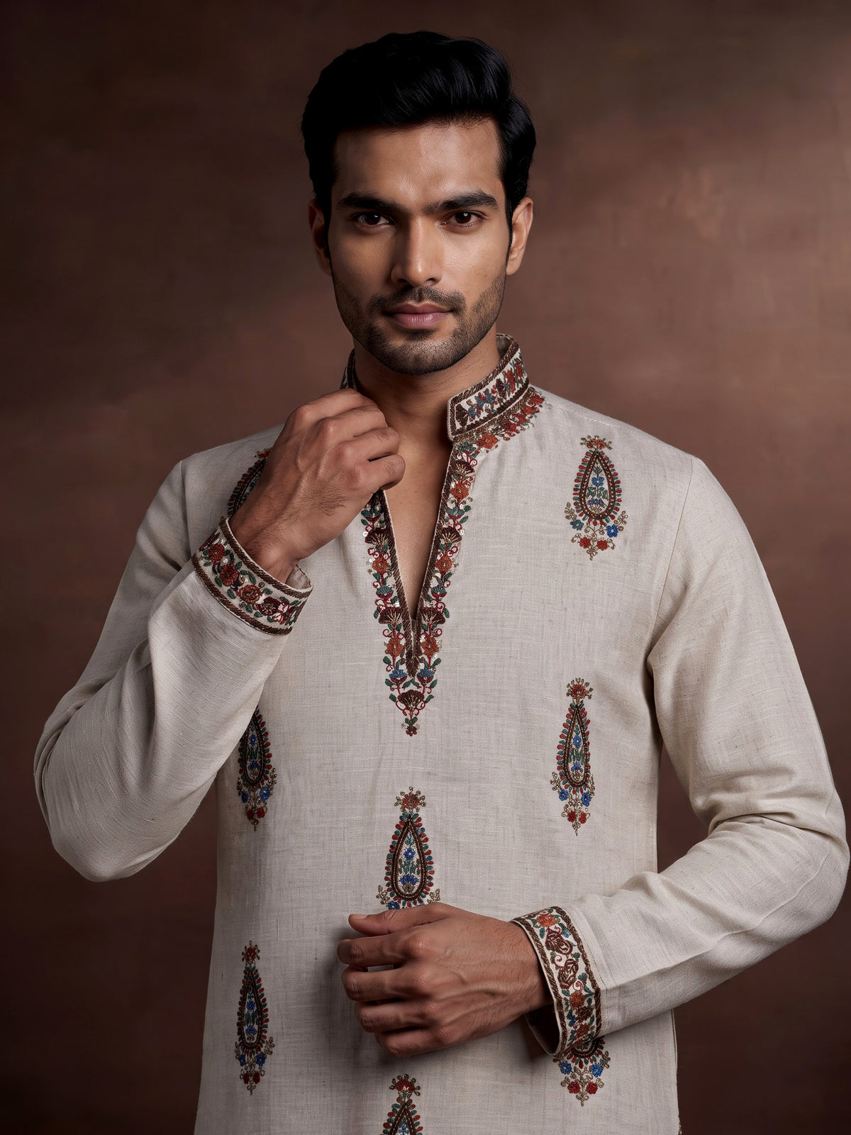 Off white linen kurta suit with multicolour kashmiri paisley embroidery