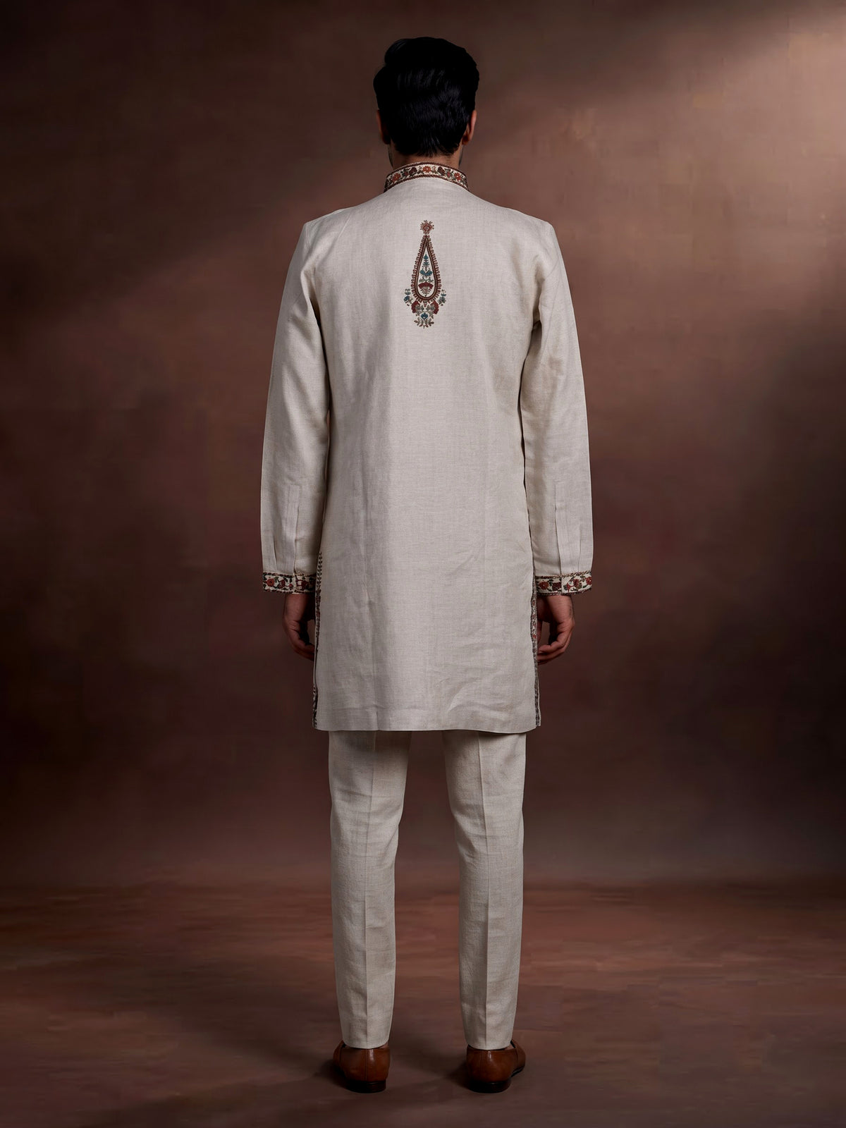 Off white linen kurta suit with multicolour kashmiri paisley embroidery