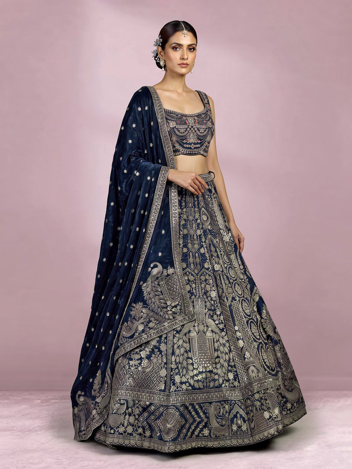 Teal blue silk lehenga choli with square neck zari embellishments