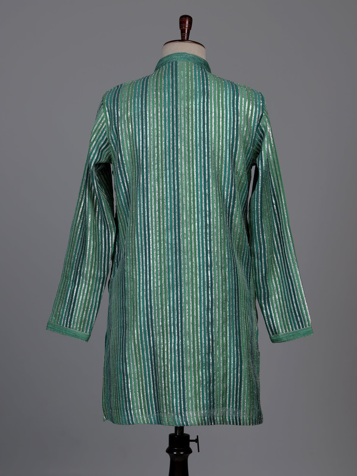 Emerald green kurta suit with shimmering silver gota patti stripes