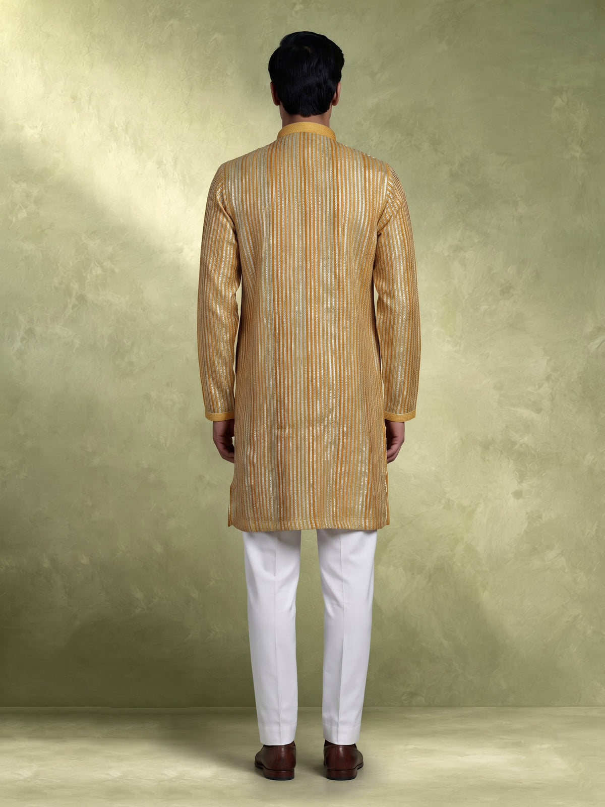 Marigold yellow kurta suit with silver gota patti pinstripes