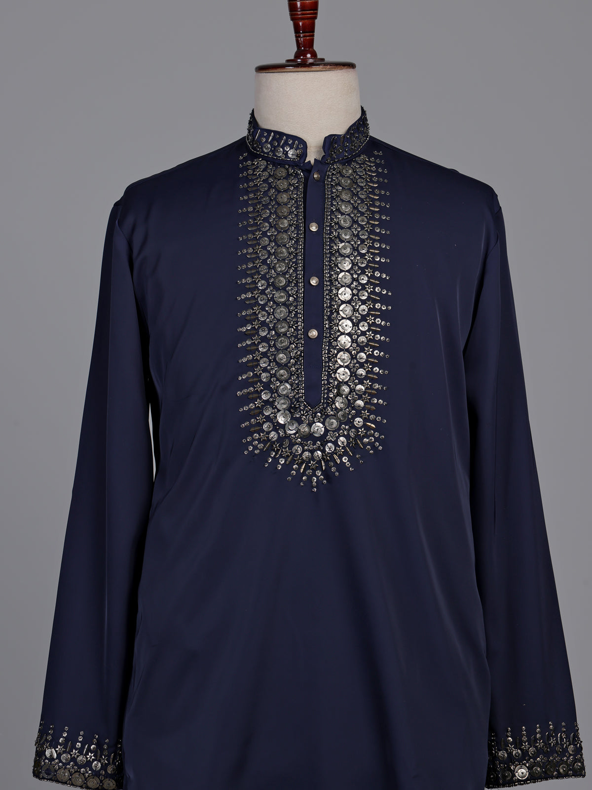 Deep navy crepe silk kurta suit with antique silver embroidered bib