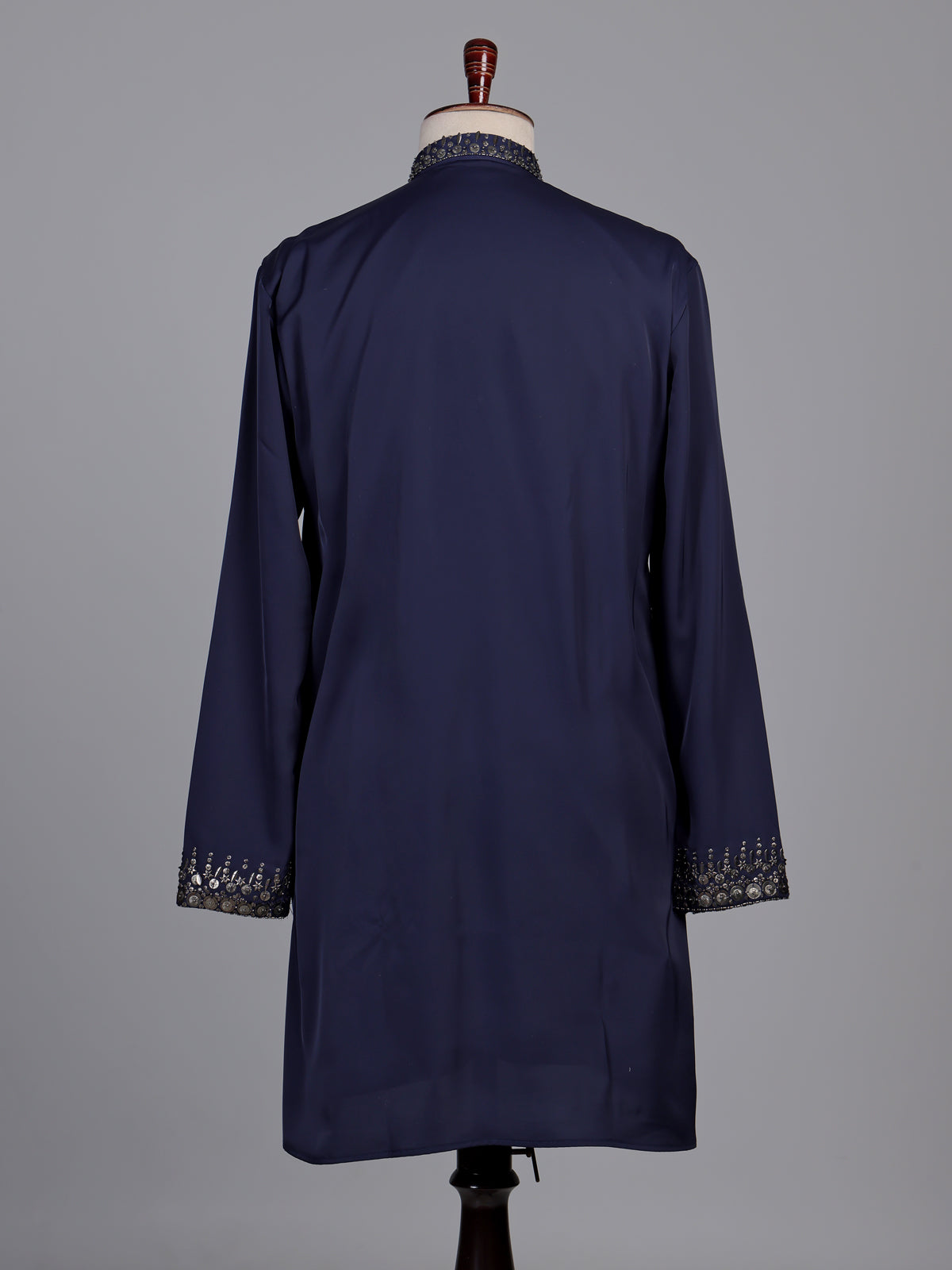 Deep navy crepe silk kurta suit with antique silver embroidered bib