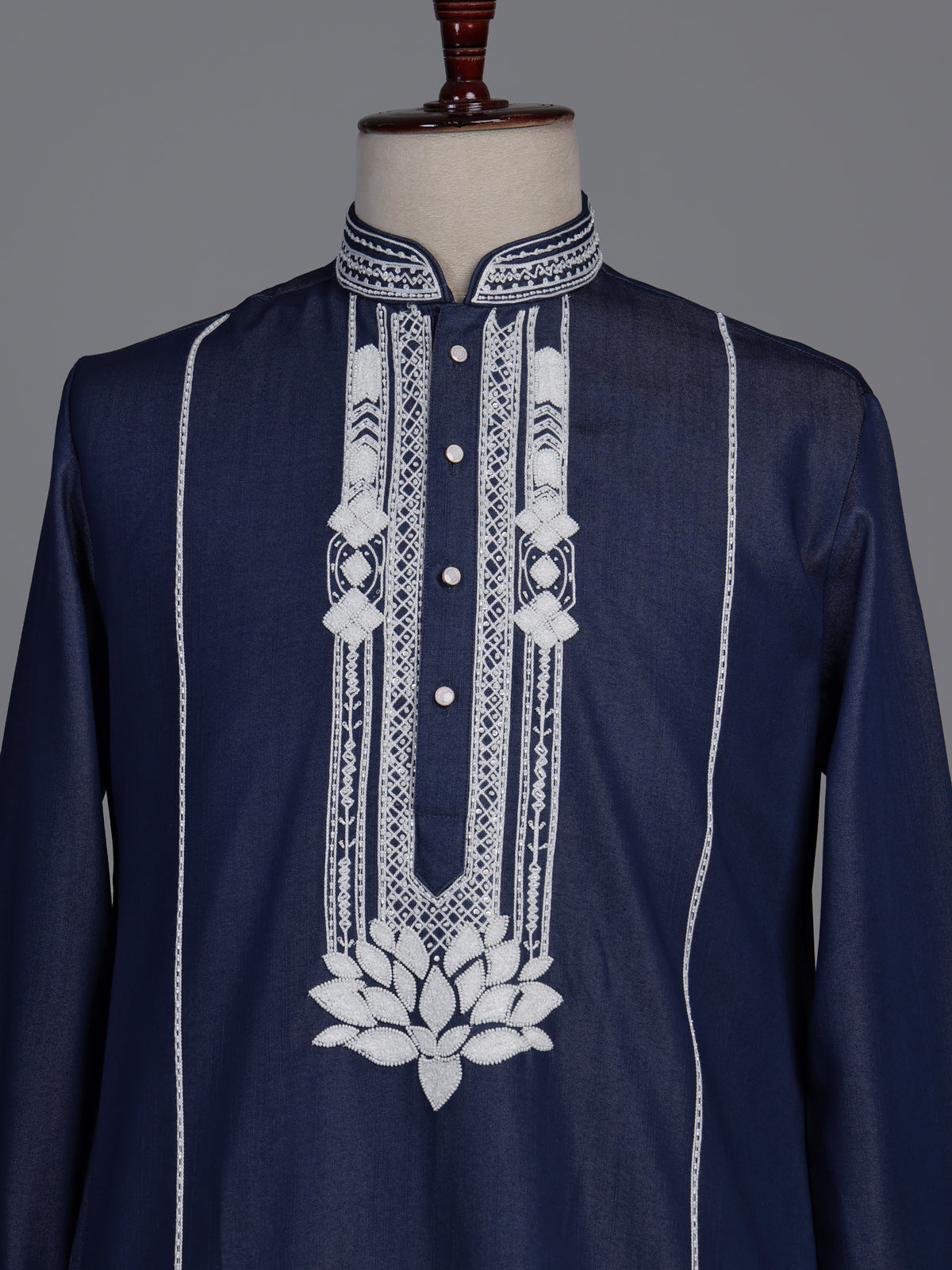 Indigo blue cotton kurta suit with white lotus embroidery