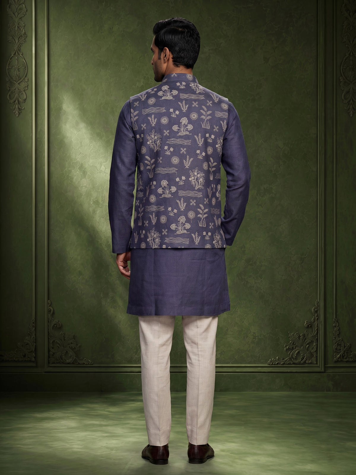 Lavender purple linen waistcoat set with floral embroidery