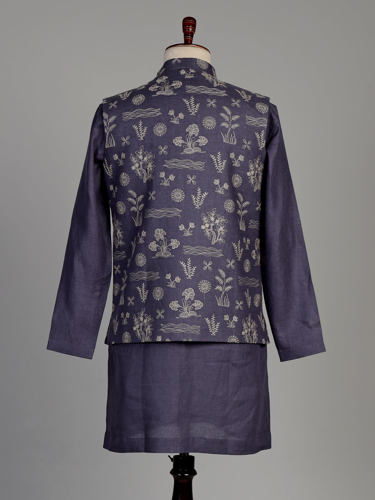 Lavender purple linen waistcoat set with floral embroidery