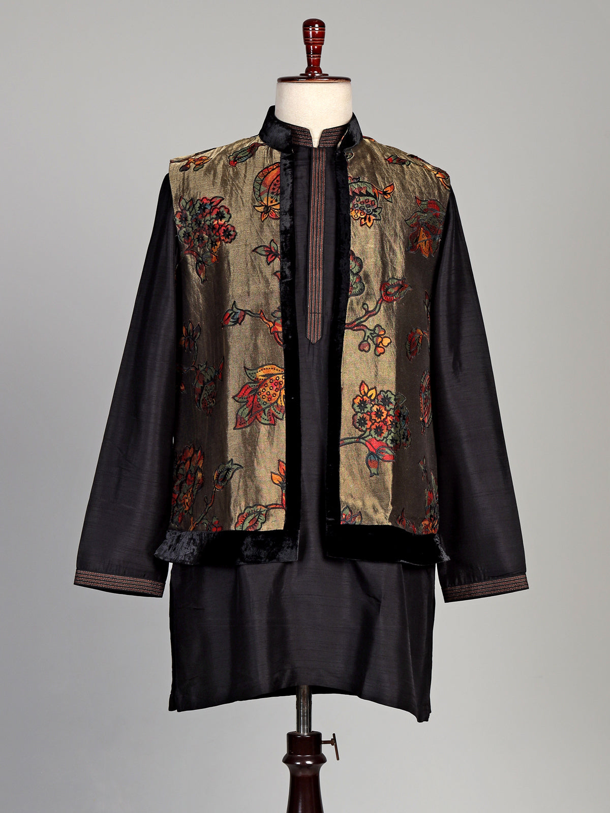 Black raw silk waistcoat set with antique gold floral brocade