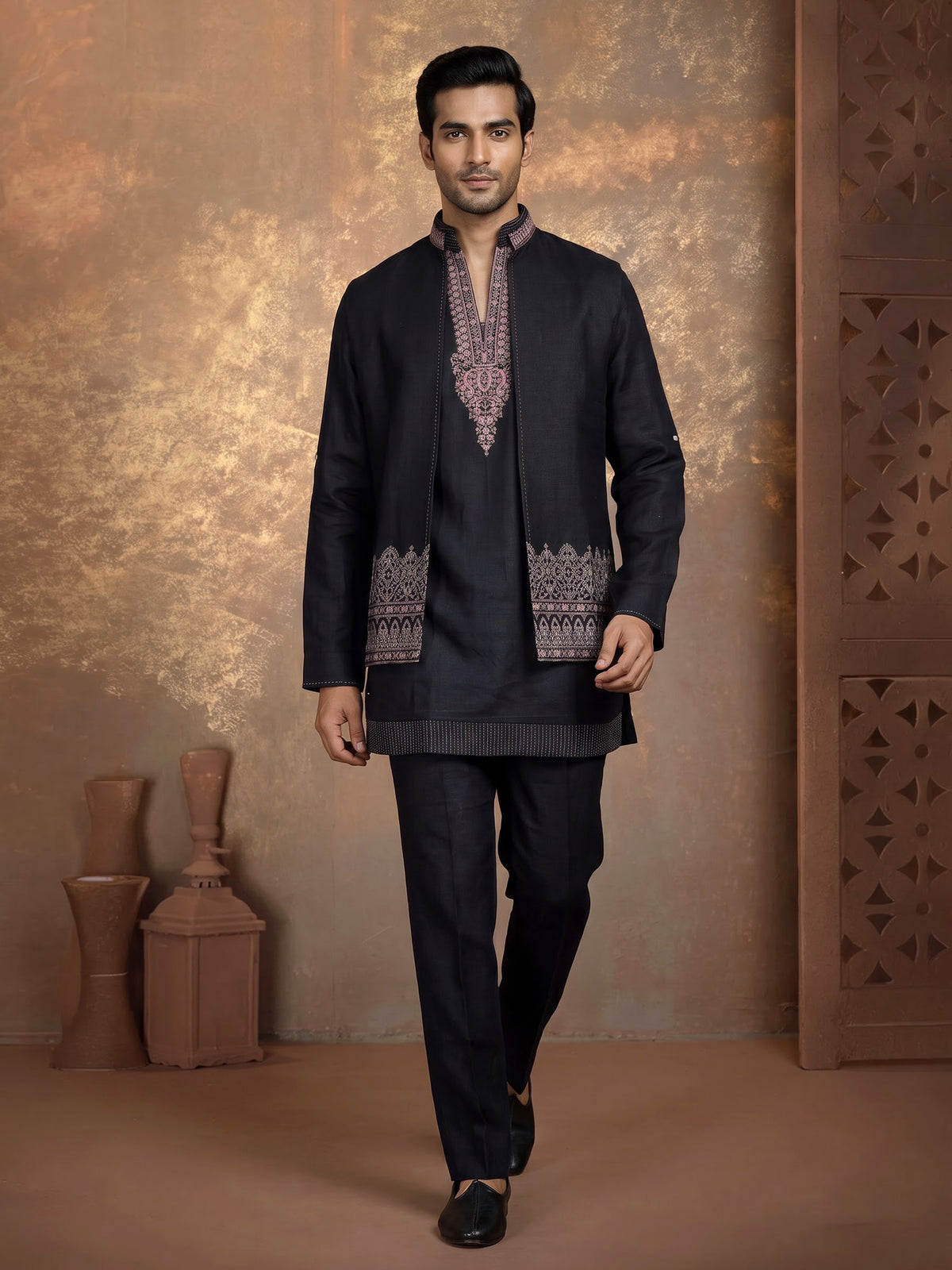 Charcoal black silk blend waistcoat set with embroidered jacket