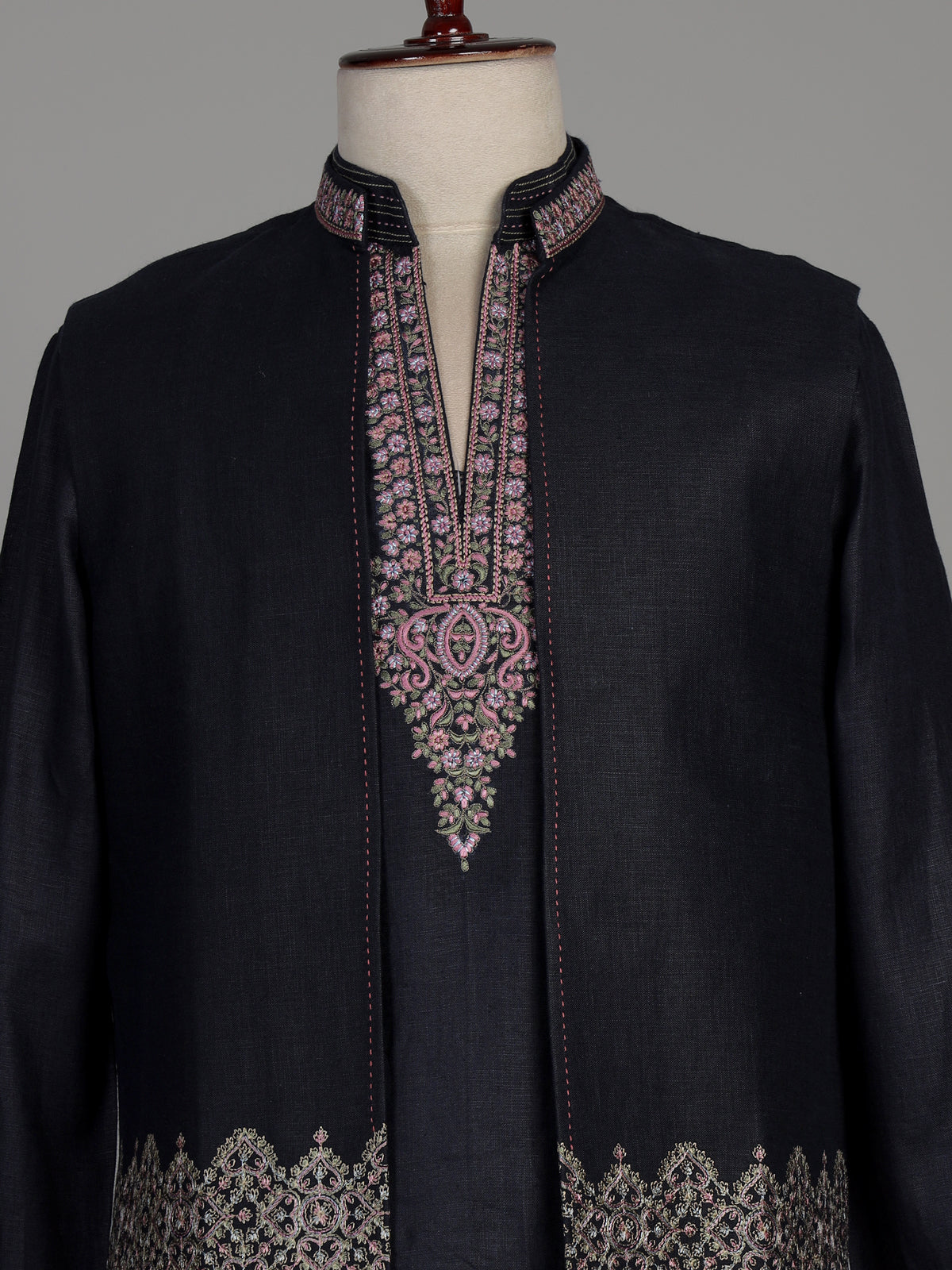 Charcoal black silk blend waistcoat set with embroidered jacket