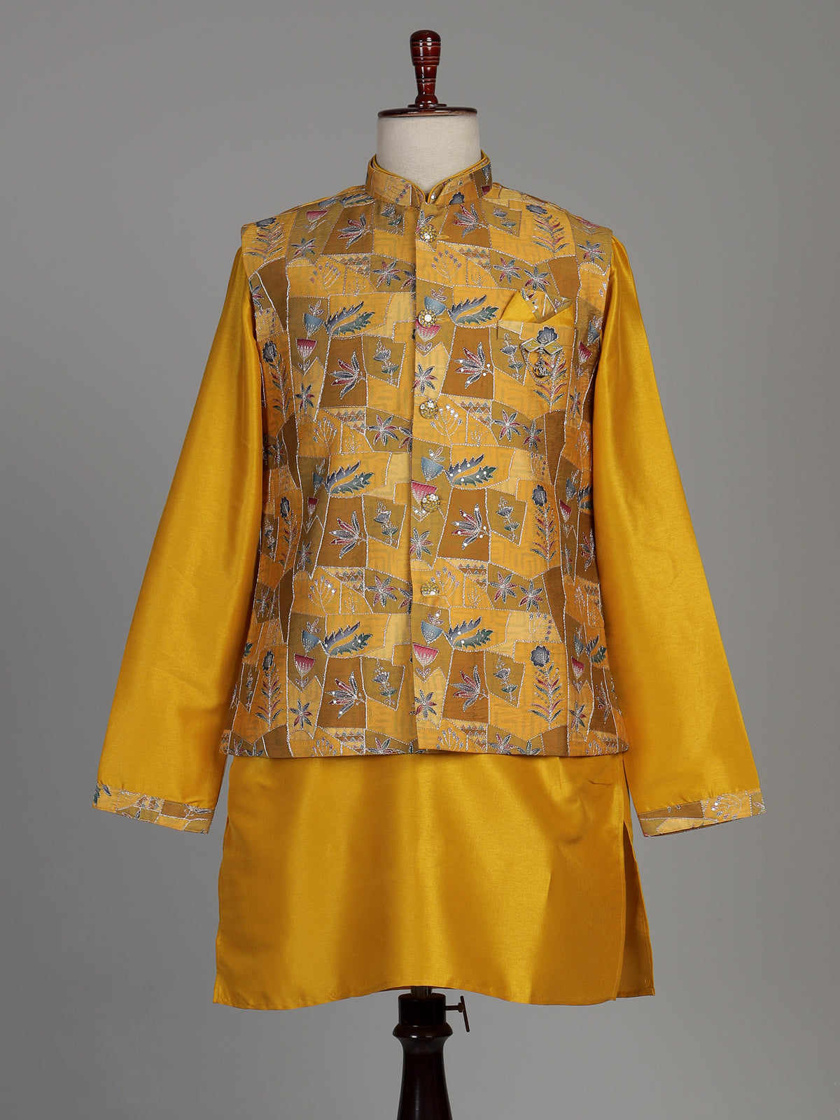 Mustard yellow silk waistcoat set with resham and sequin detailing