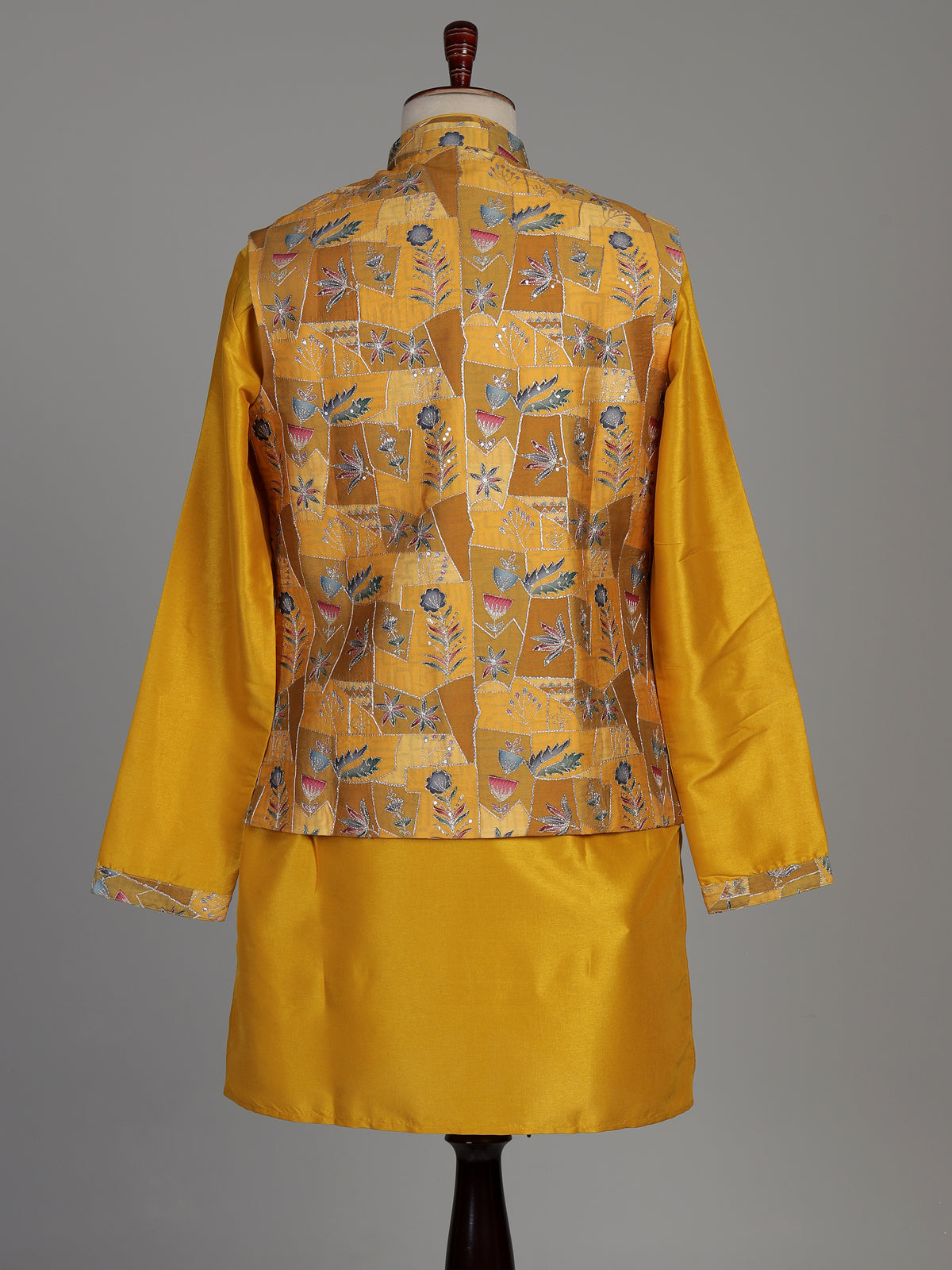 Mustard yellow silk waistcoat set with resham and sequin detailing