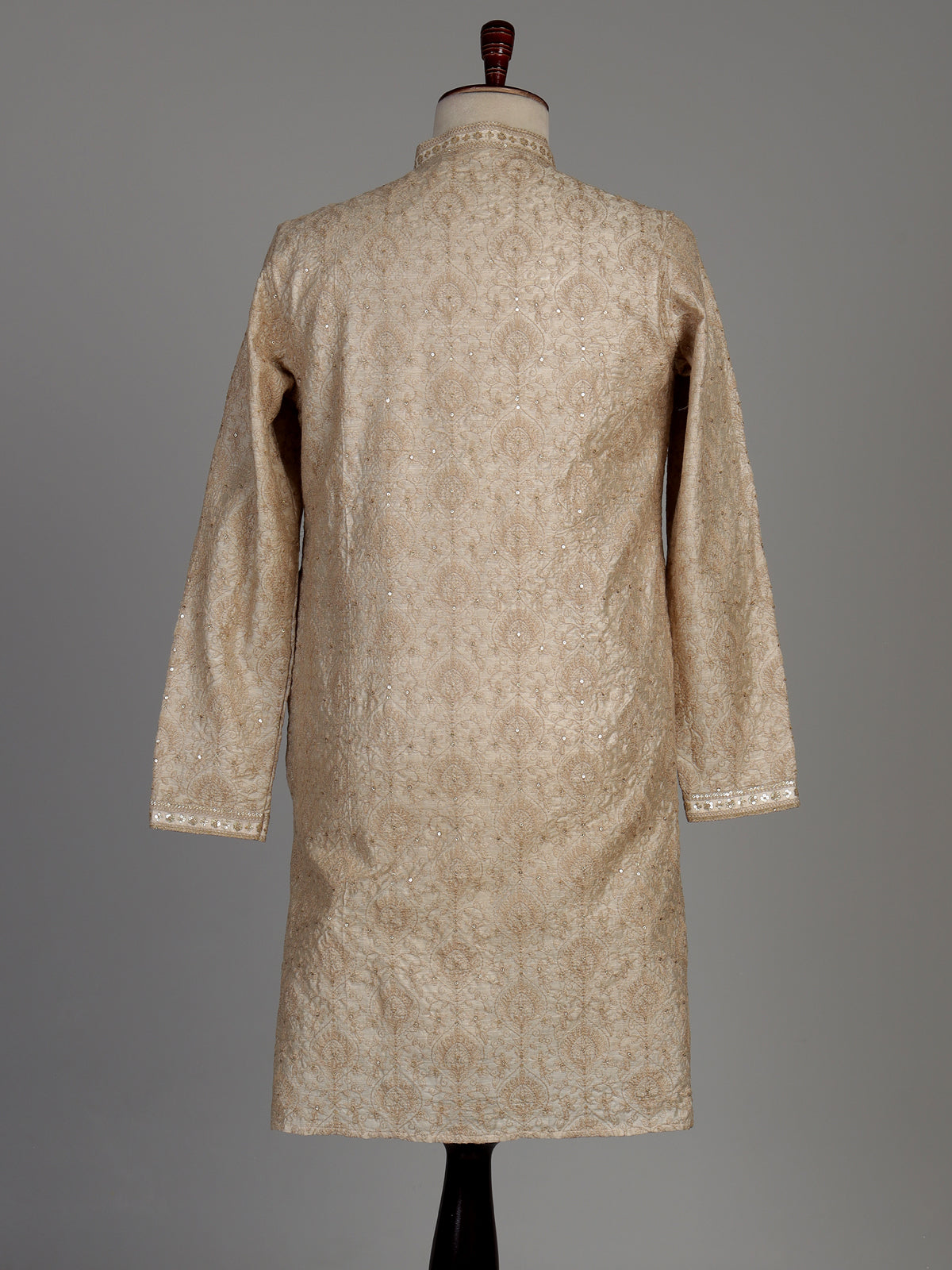 Beige silk kurta set with tonal threadwork and sequins