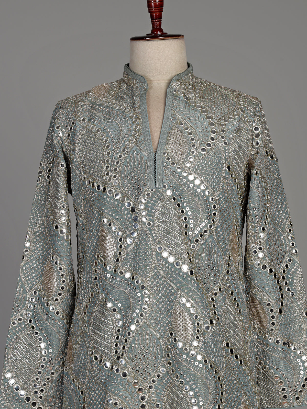 Pastel mint blue silk kurta set with embellished swirl embroidery