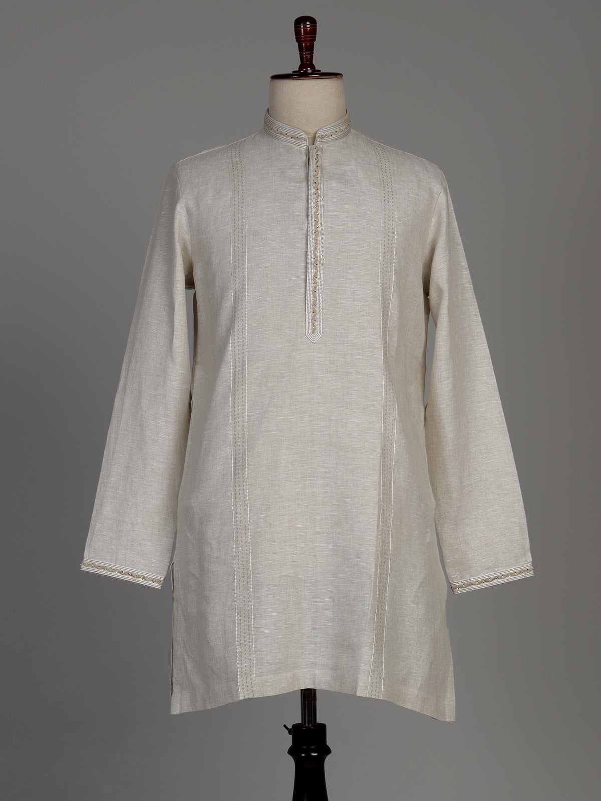 Beige cotton linen kurta set with tonal panels and stonework