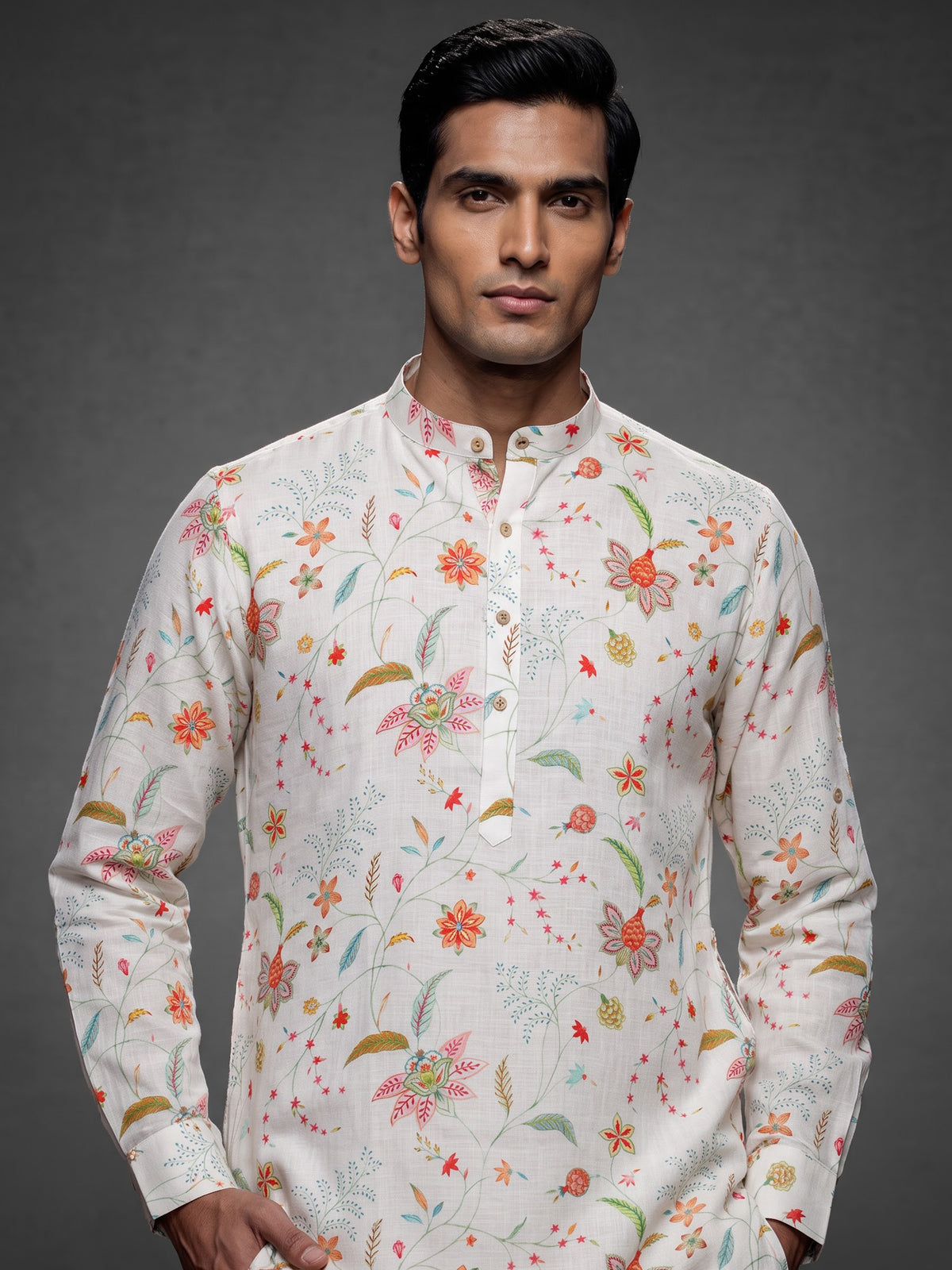 White cotton blend kurta set with multicolour floral prints