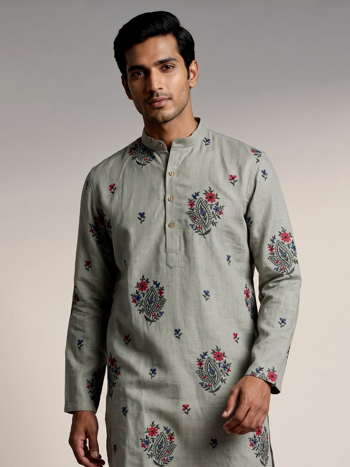 Sage green cotton linen kurta set with floral paisley embroidery