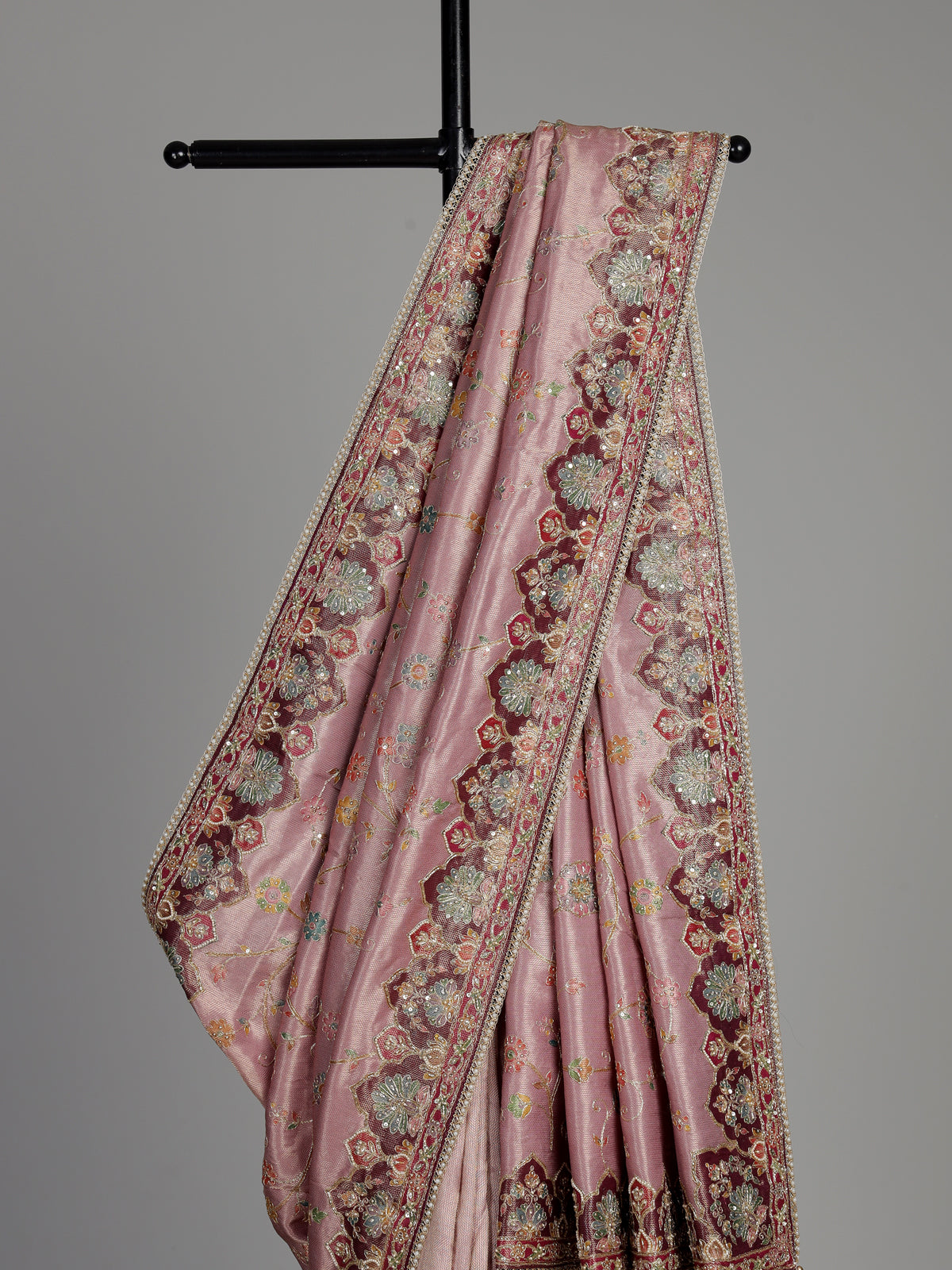 Lavender purple pashmina saree with floral embroidery and pearl detailing