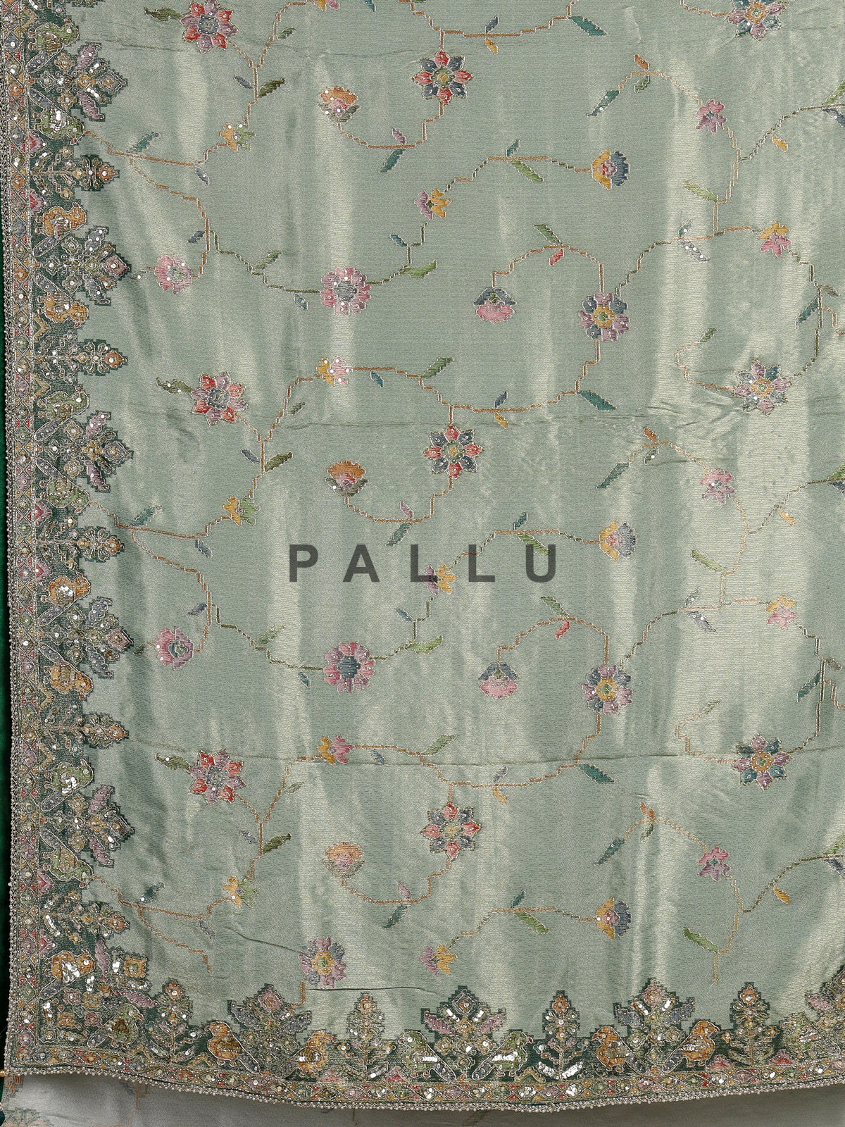 Pastel mint green pashmina saree with floral and bird embroidery