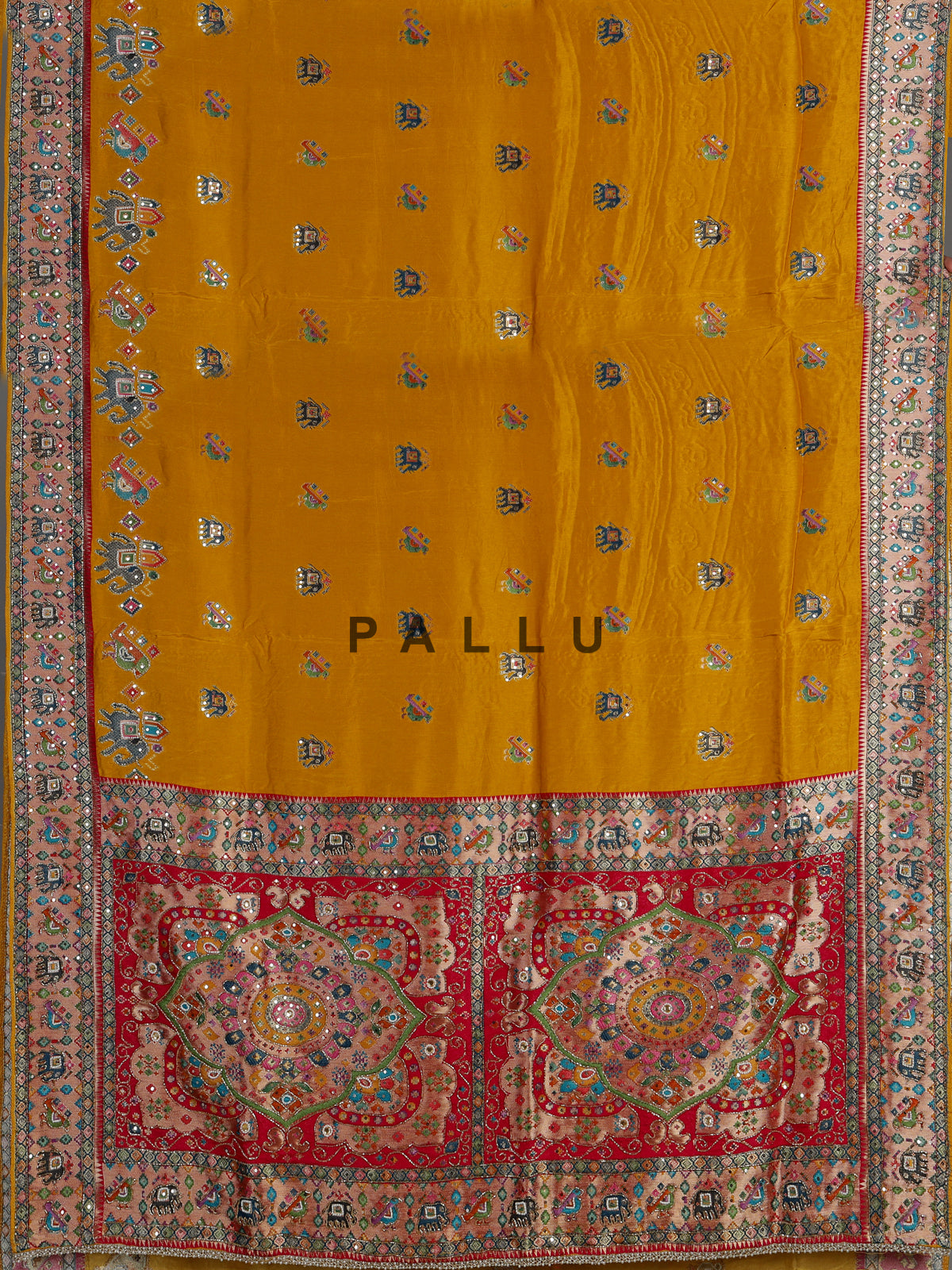 Mustard yellow pashmina saree with elephant motifs and contrasting pallu