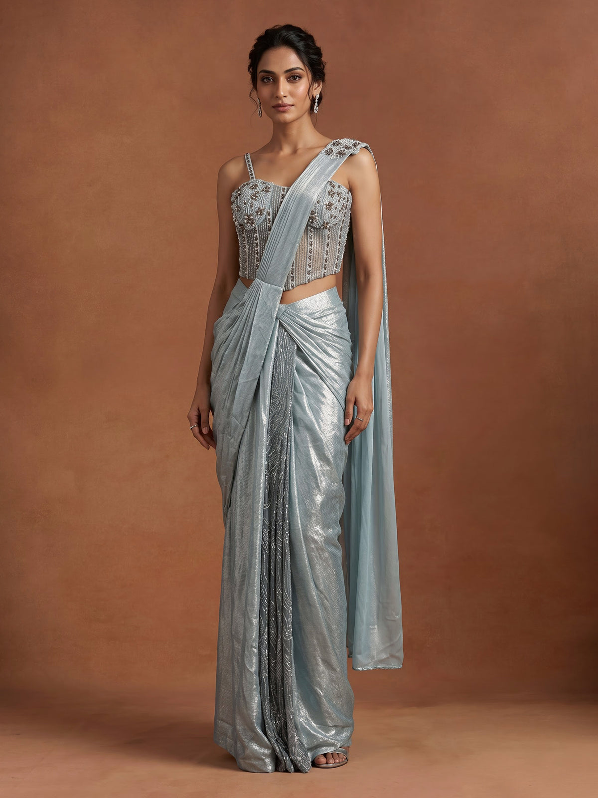 Mint blue metallic lurex georgette ready to wear saree